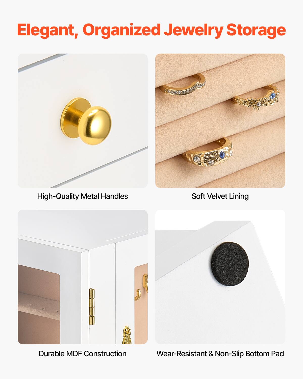 Elegant, Organized Jewelry Storage

- High-Quality Metal Handles
- Soft Velvet Lining
- Durable MDF Construction
- Wear-Resistant & Non-Slip Bottom Pad