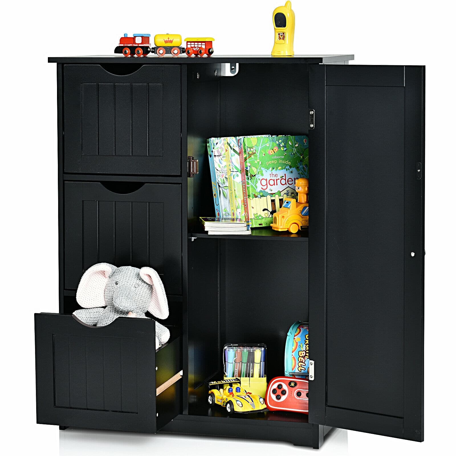 Ecooso - Bathroom Floor Cabinet Side Storage Cabinet with 3 Drawers and 1 Cupboard - Black