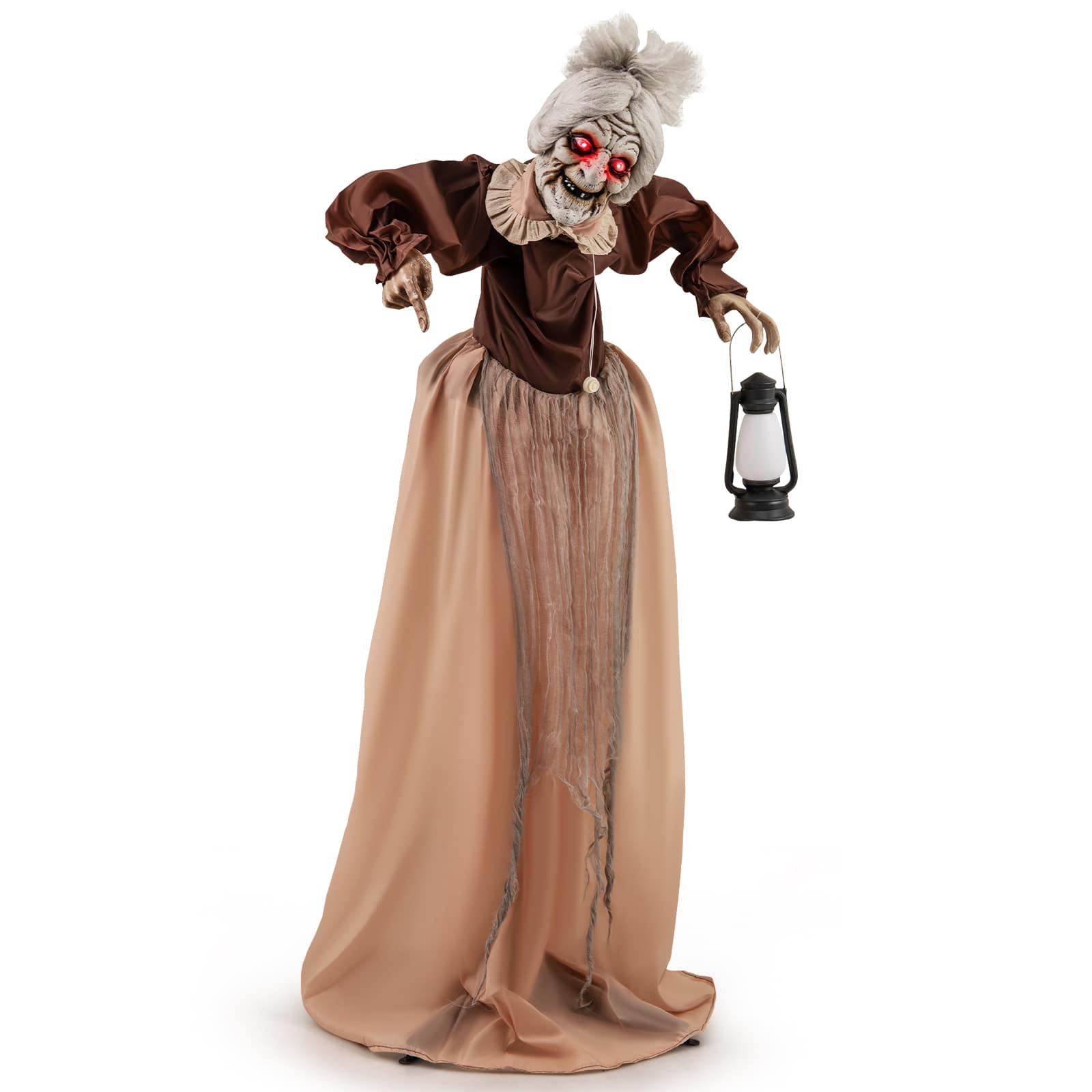 Costway Life-Size Halloween Animatronic Moving and Talking Old Lady Hag Prop - Brown