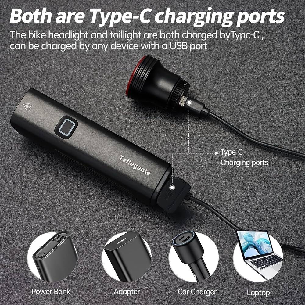 Both are Type-C charging ports

The bike headlight and taillight are both charged by Type-C, can be charged by any device with a USB port

Type-C Charging ports

Power Bank

Adapter

Car Charger

Laptop