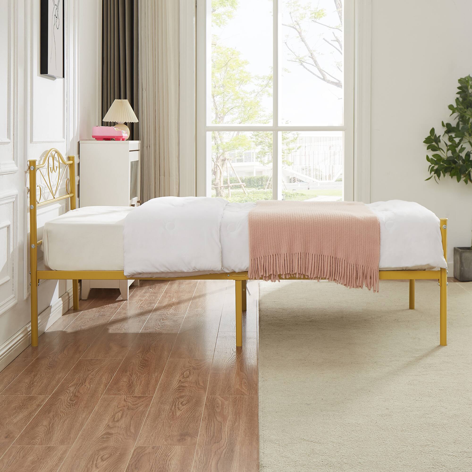 Alt View 2. Vecelo - 14" Twin Metal Bed Frame with Headboard&Footboard, Heavy Duty Steel Slats, No Box Spring, Gold-Easy Assembly - Gold.