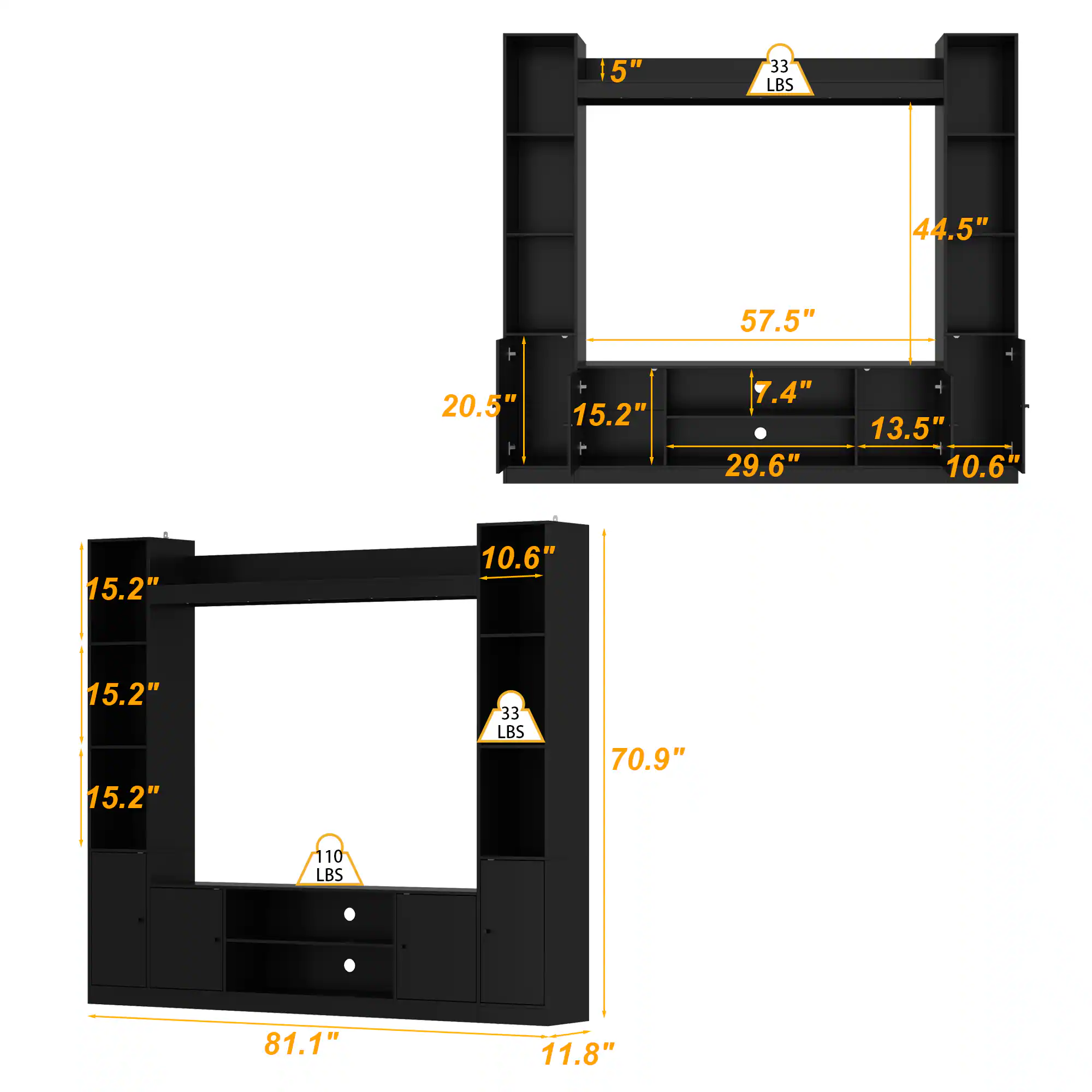 15" x 33 LBS x 44.5" x 57.5" x 20.5" - T 15.2" x 7.4" x 29.6" x 13.5" x 10.6" x 15.2" x 10.6" x 15.2" x 15.2" x 33 LBS x 70.9" x 110 LBS x 81.1" x 11.8"