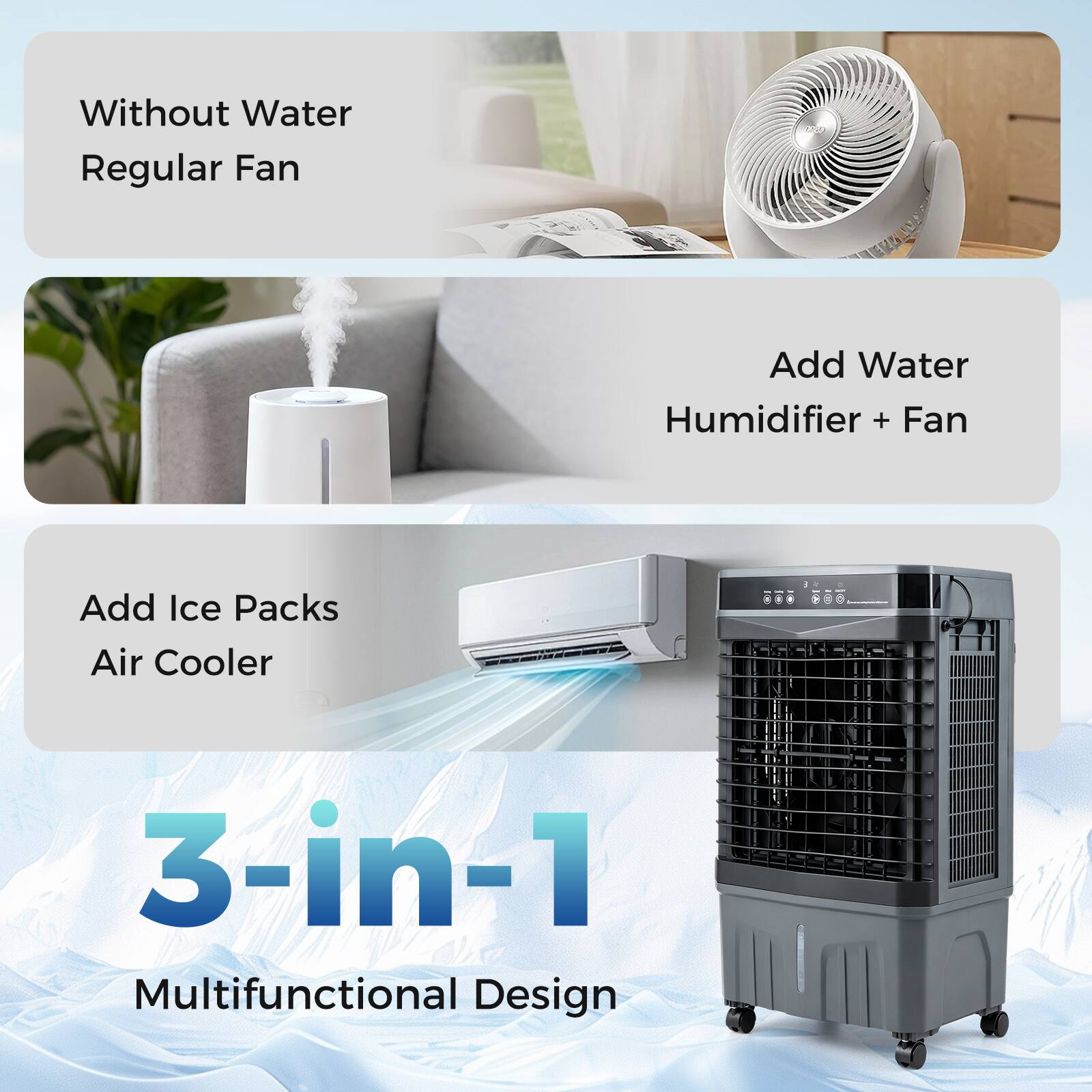 Without Water  
Regular Fan  
Add Water  
Humidifier + Fan  
Add Ice Packs  
Air Cooler  
3-in-1  
Multifunctional Design