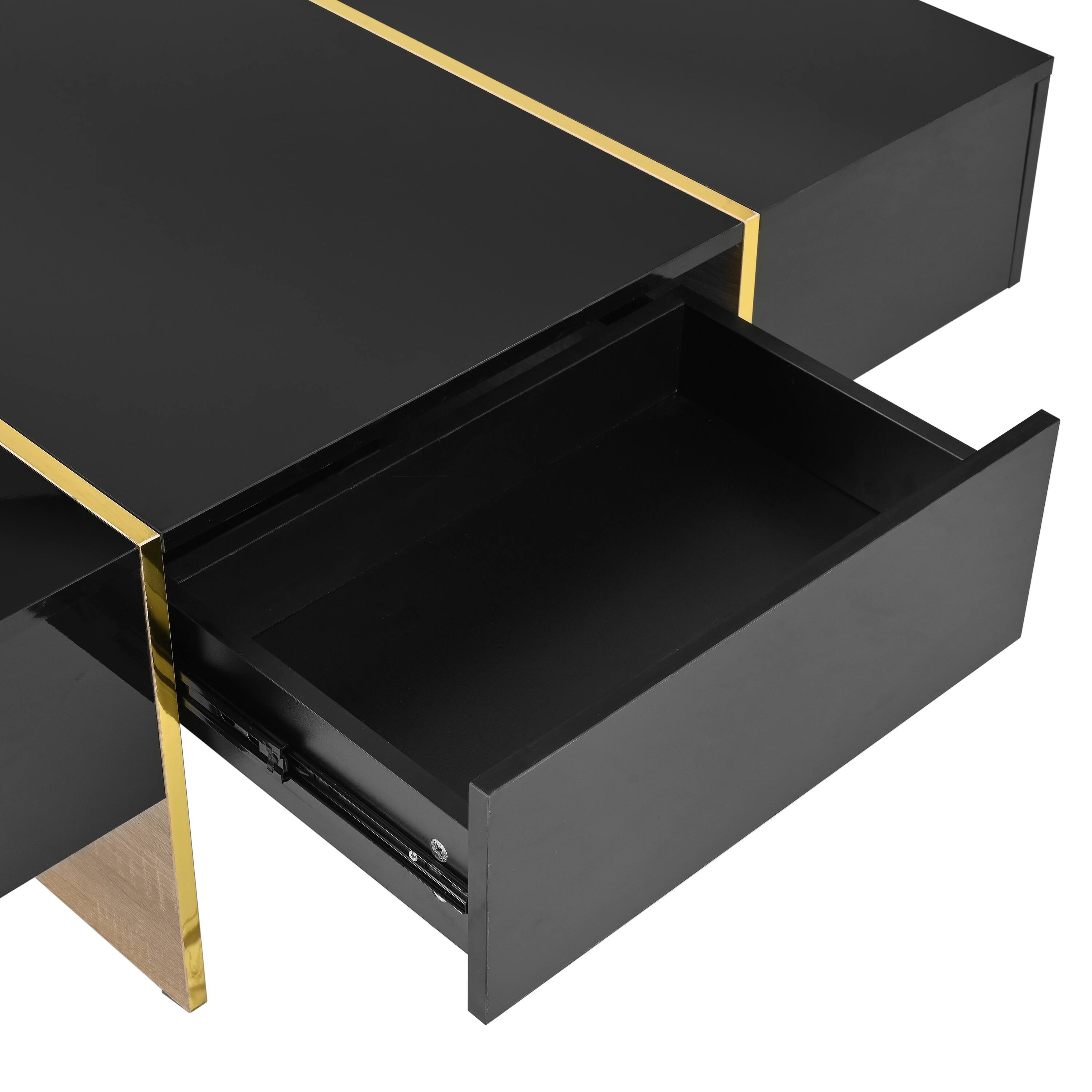 Alt View 9. Tiramisubest - Minimalist High Gloss Coffee Table with 2 Drawers,Multi-Storage Rectangle Sofa Table with Golden Wood Grain Legs,Black - Black.