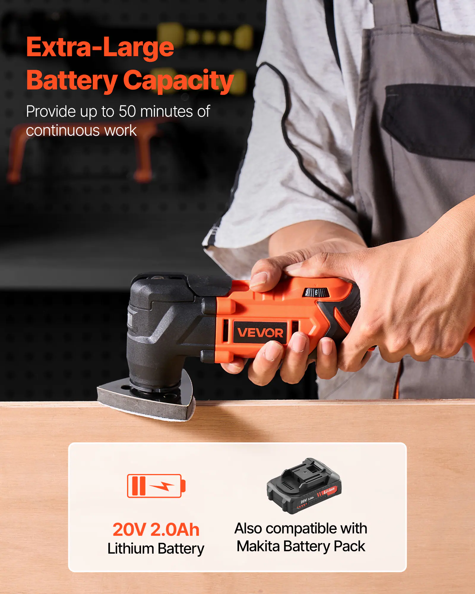 Extra-Large Battery Capacity  
Provide up to 50 minutes of continuous work  

20V 2.0Ah Lithium Battery  
Also compatible with Makita Battery Pack
