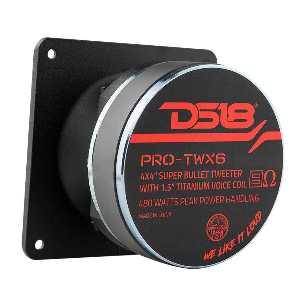 D518  
PRO-TWX6 4X4" SUPER BULLET TWEETER 1.5" TITANIUM VOICE COIL  
WITH 480 WATTS PEAK POWER HANDLING  
MADE IN CHINA  
DESIGNED ENGINEERED LOUD  
WE LIKE IT LOUD