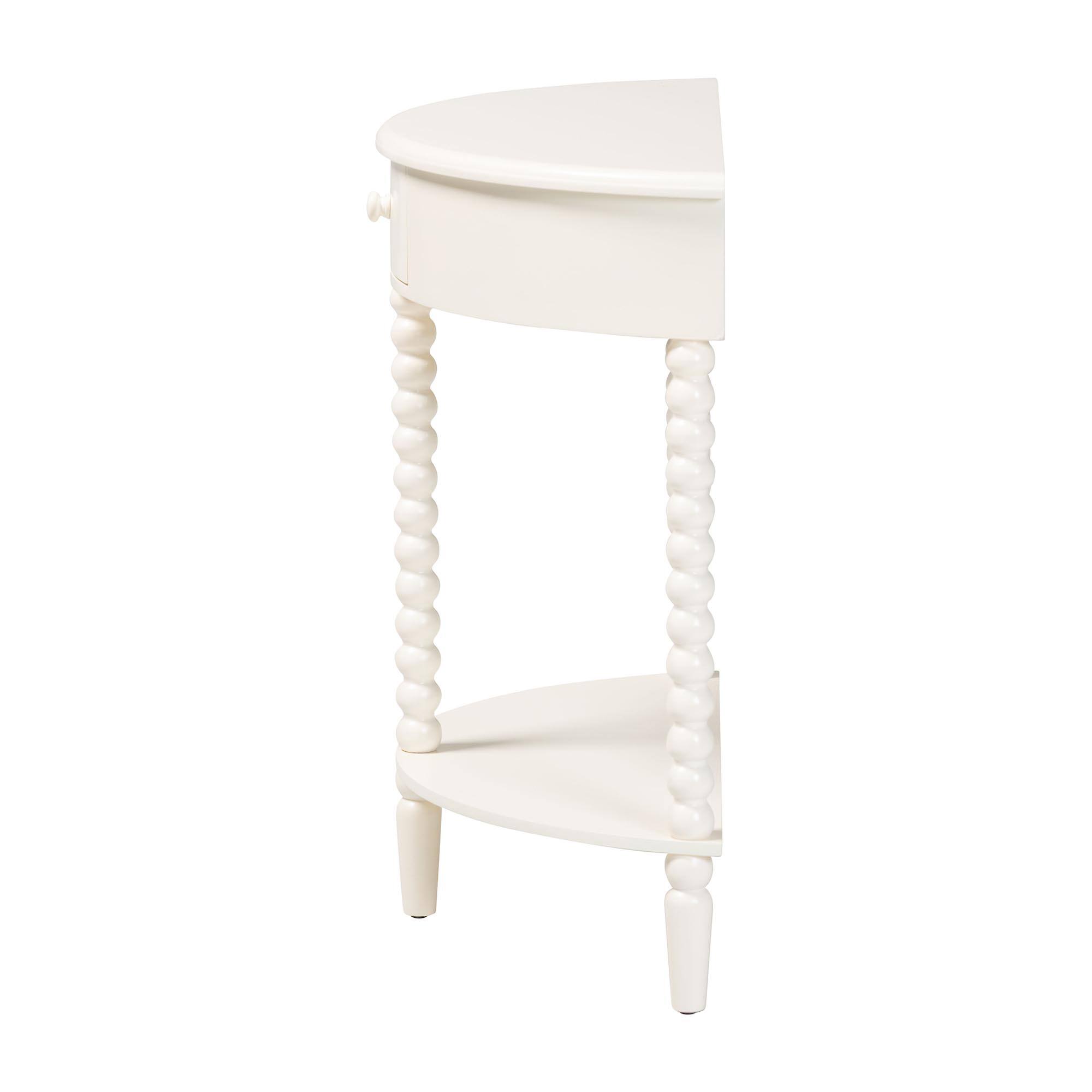 Back. Baxton Studio - Raynera Bobbin-Leg Demilune Console Table – Half-Moon Accent Table with 1 Drawer and Open Shelf, Cottage Farmhouse - White.