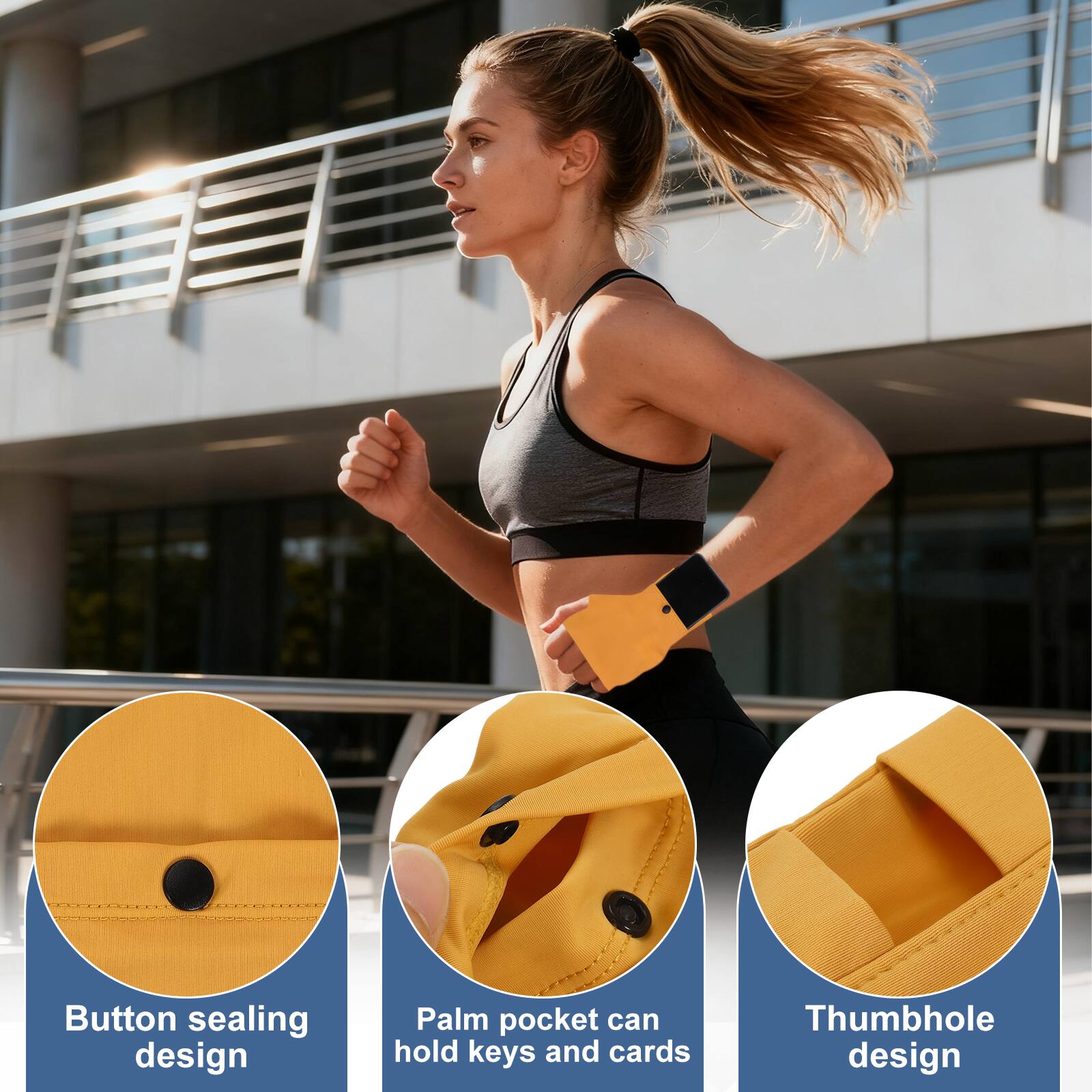 - Button sealing design
- Palm pocket can hold keys and cards
- Thumbhole design