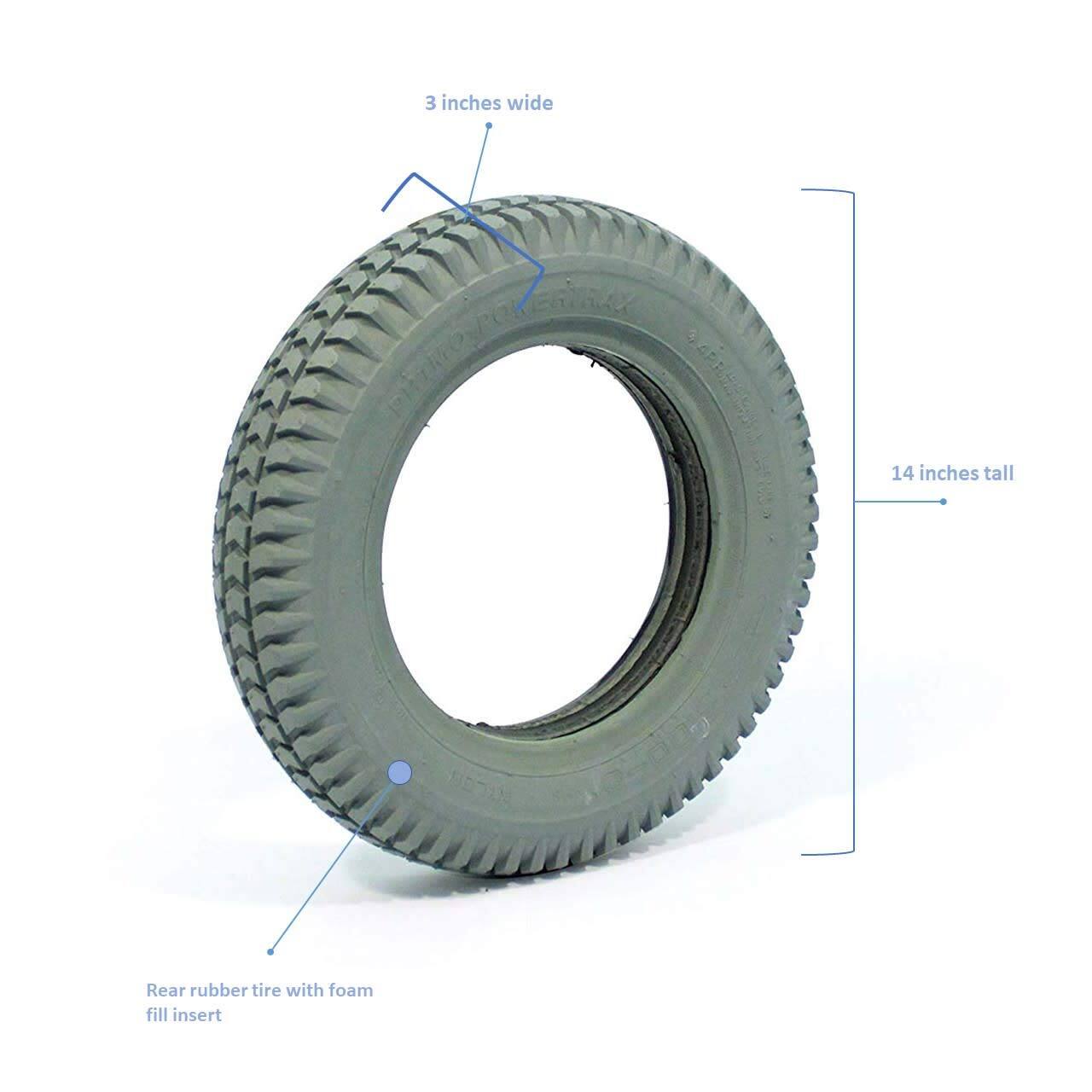 3 inches wide  
14 inches tall  
Rear rubber tire with foam fill insert