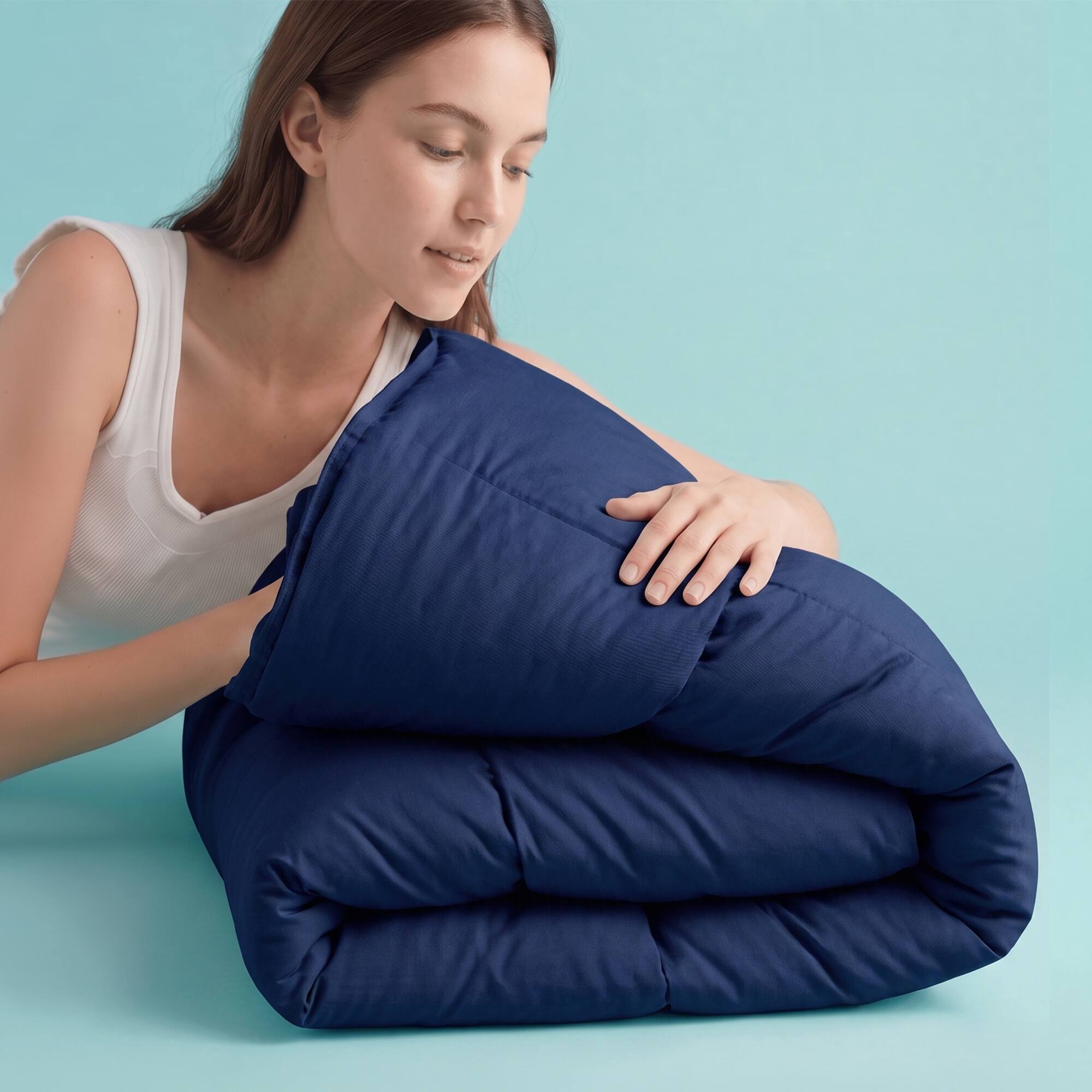 Alt View 4. Sleepgram - Sleepgram Supima 400 Thread Count Cotton Duvet Cover with Travel Bag, King, Blue - Dark Blue.