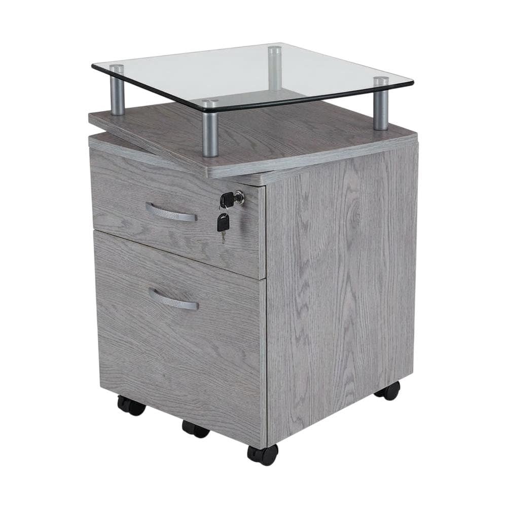 FurniFact - Grey Rolling File Cabinet with Glass Top and Smooth Mobility for Home or Office - Gray