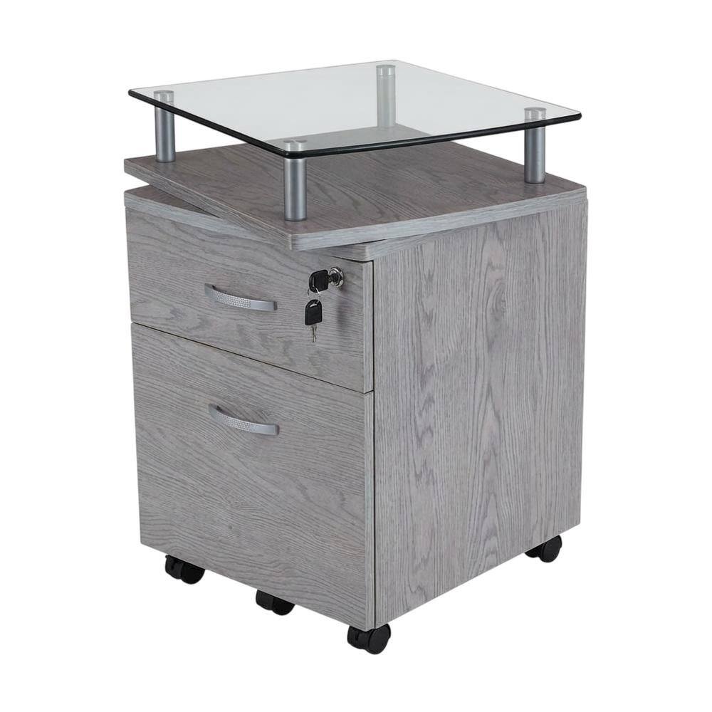 Front. FurniFact - Grey Rolling File Cabinet with Glass Top and Smooth Mobility for Home or Office - Gray.