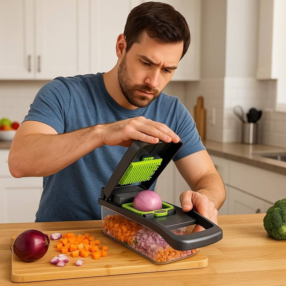 Angle. PARKER SLATER - 16-in-1 Vegetable Chopper with Container, Multifunctional Slicer, Dicer, Grater for Fruits & Vegetables - Green.
