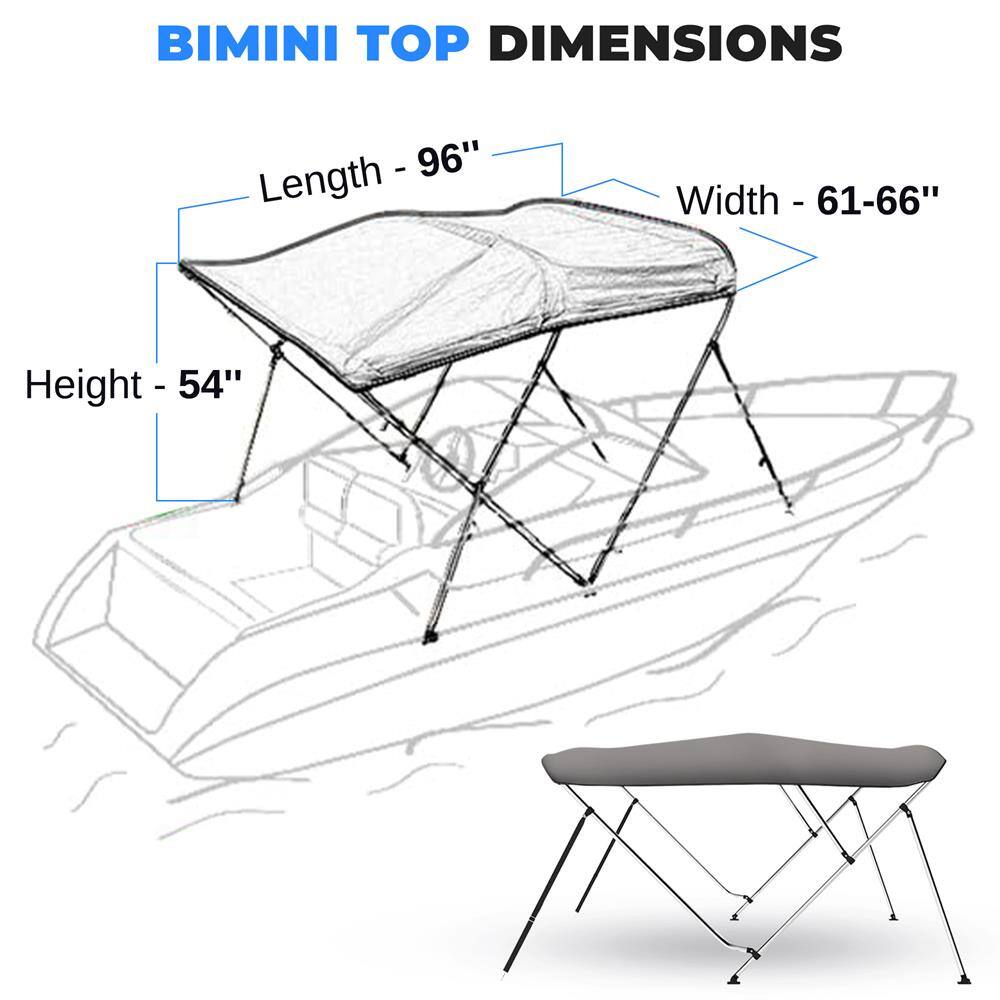 BIMINI TOP DIMENSIONS  
- Length: 96"  
- Width: 61-66"  
- Height: 54"