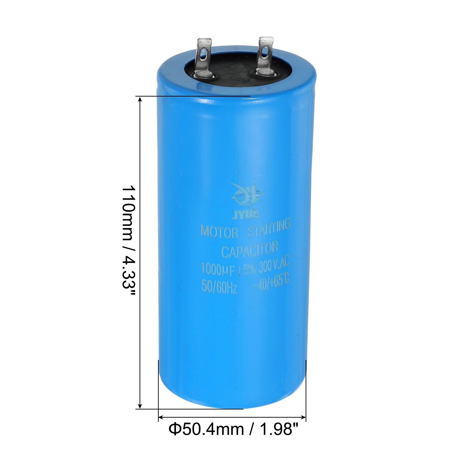 110mm / 4.33" JYUR MOTOR STARTING CAPACITOR 1000µF 13% 300V.AC 50/60Hz -40/+65 50.4mm / 1.98"