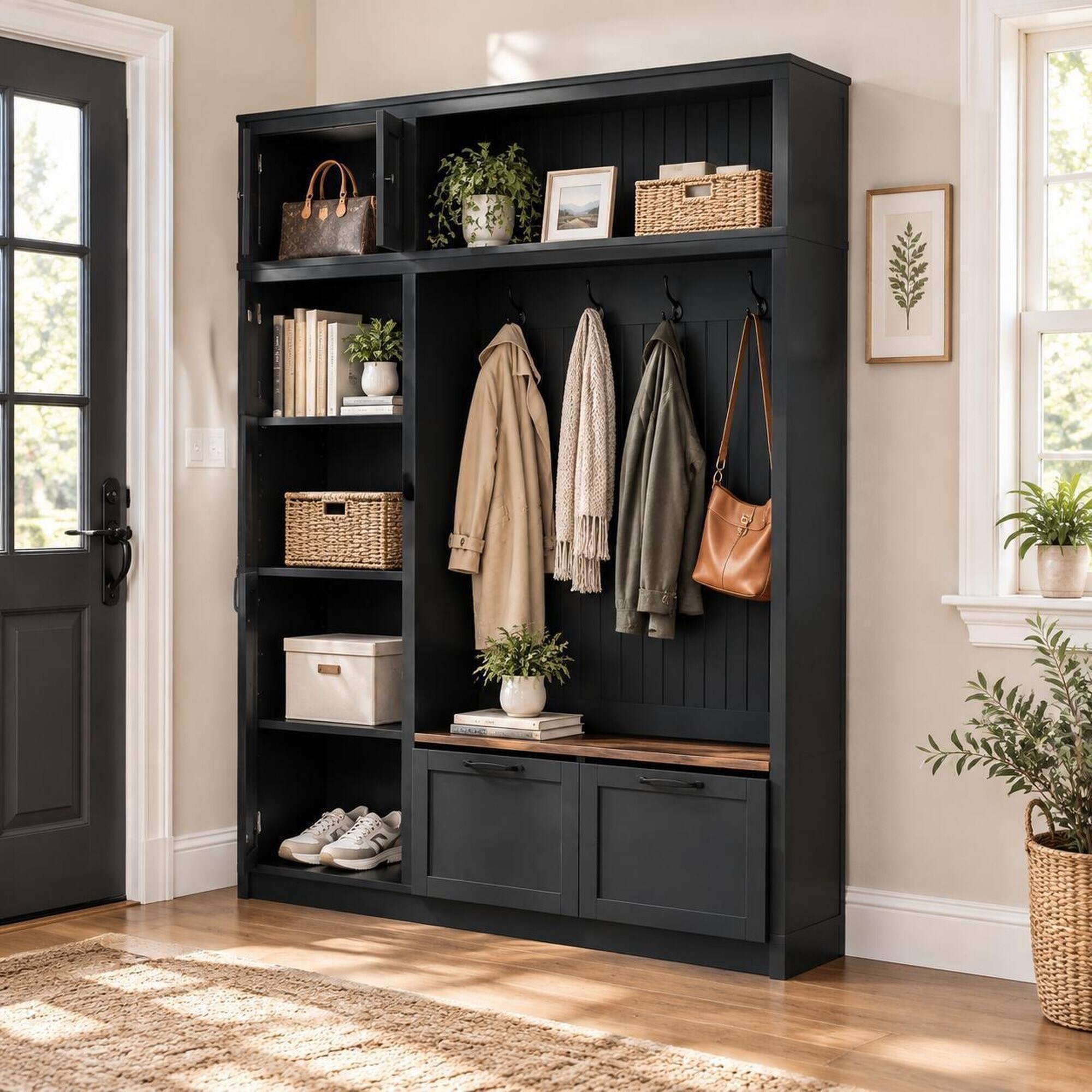 RYHNUYNE 3 in 1 Hall Tree, Overhead Storage Cabinet, 3 Adjustable ...