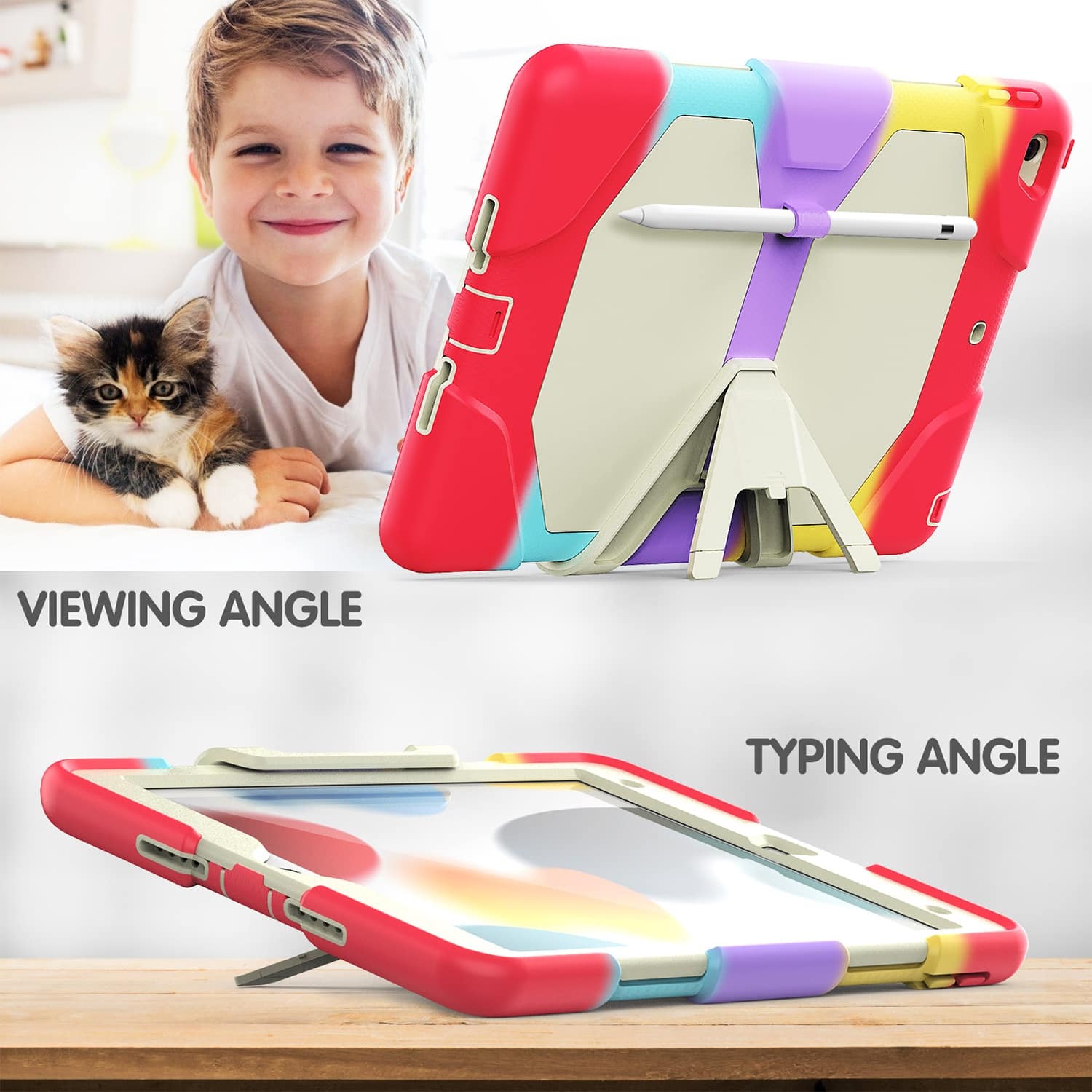 The image shows a child holding a tablet computer with a cat nearby. The tablet is in a red case and has a stand attached to it, which allows the child to view the screen at an angle. The stand also has a typing angle, making it easier for the child to type on the tablet. The image is divided into two sections, one showing the viewing angle and the other showing the typing angle.