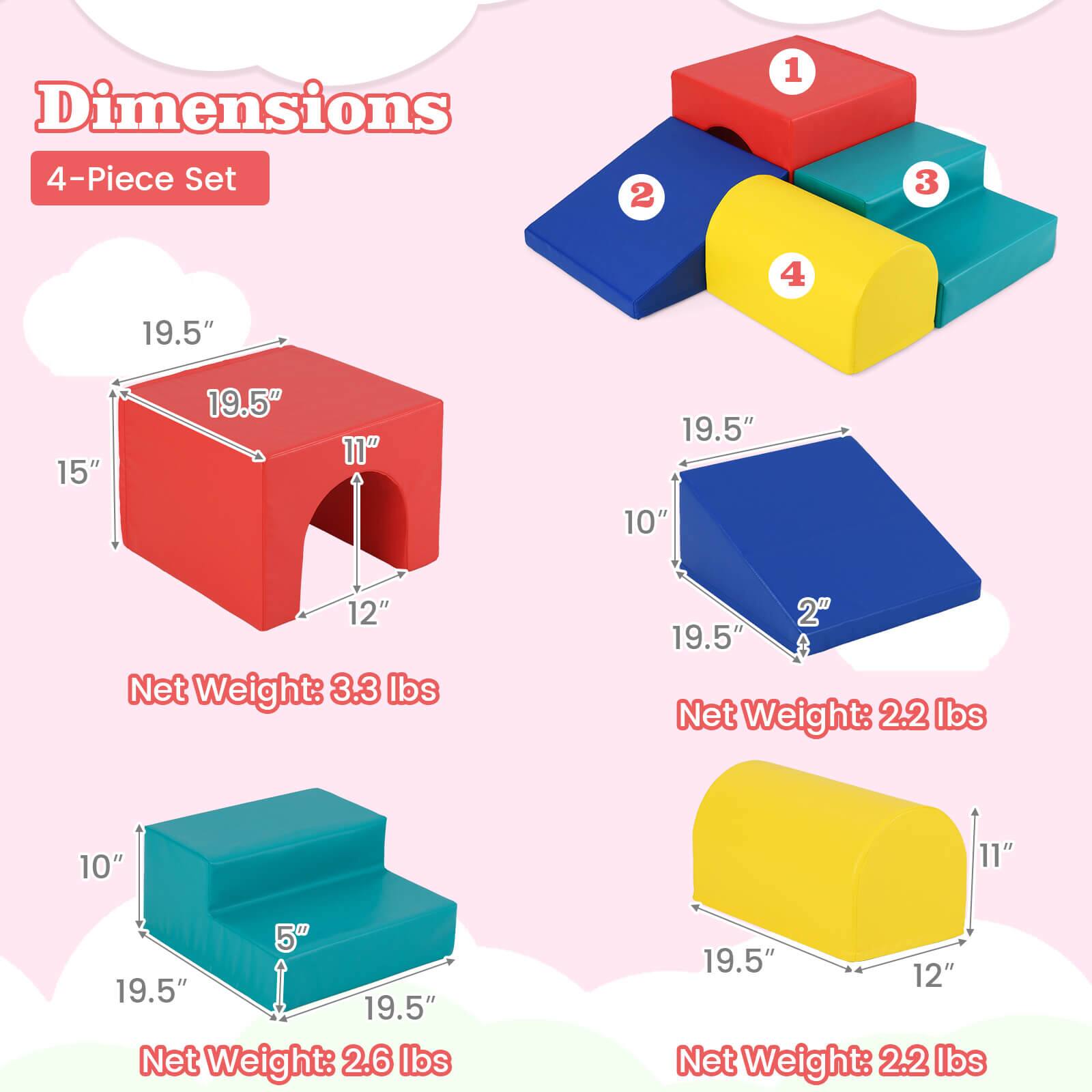 Dimensions  
4-Piece Set  

1. 19.5" x 15" x 12"  
   Net Weight: 3.3 lbs  

2. 19.5" x 10" x 2"  
   Net Weight: 2.2 lbs  

3. 19.5" x 19.5" x 5"  
   Net Weight: 2.6 lbs  

4. 19.5" x 12" x 11"  
   Net Weight: 2.2 lbs