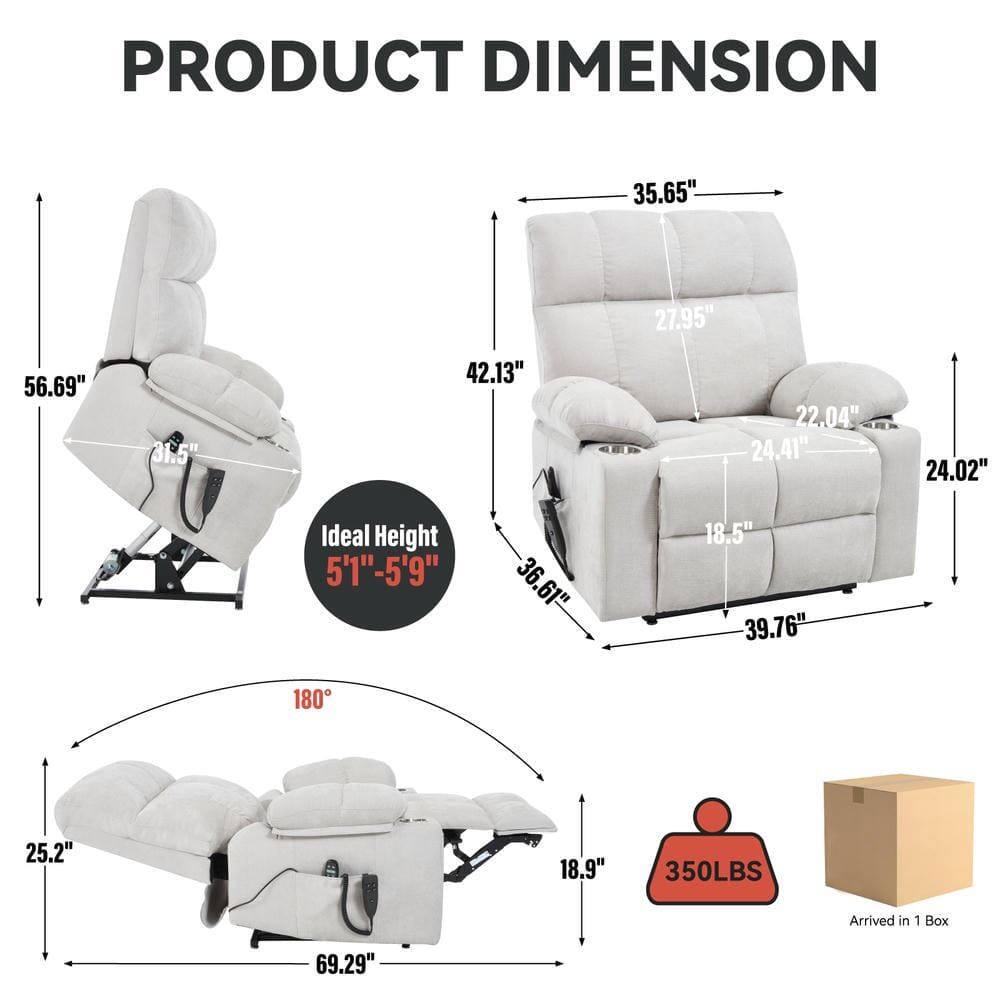 PRODUCT DIMENSION

- 35.65" (width)
- 27.95" (depth)
- 56.69" (height)
- 31.5" (seat height)
- 42.13" (back height)
- 22.04" (armrest height)
- 24.41" (seat depth)
- 24.02" (armrest width)
- 36.61" (overall length)
- 18.5" (side table width)
- 39.76" (side table height)
- 25.2" (footrest height)
- 18.9" (footrest width)
- 69.29" (overall length reclined)
- 180° (reclining angle)
- 350LBS (weight capacity)
- Ideal Height: 5'1" - 5'9"
- Arrived in 1 Box