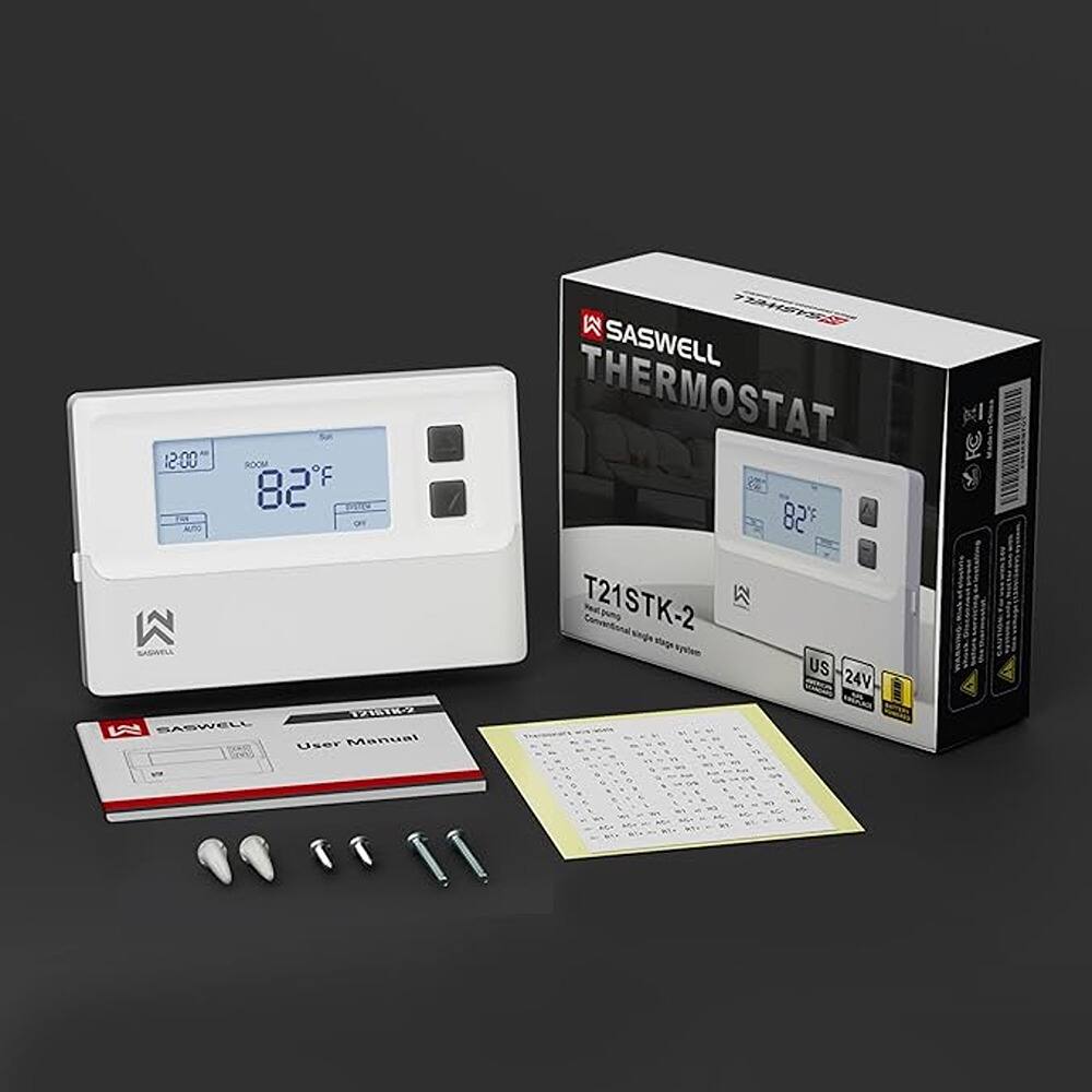 Sure, here is the corrected and grouped text from the image:

---

**SASWELL THERMOSTAT**

**Model:** T21STK-2

**User Manual**

**Specifications:**
- **Voltage:** 24V
- **Power:** 100W
- **Temperature Range:** 41°F to 99°F
- **Resolution:** 0.1°F
- **Accuracy:** ±1°F
- **Operating Temperature:** 32°F to 104°F
- **Humidity:** 10% to 90% RH

**Features:**
- Real-time temperature display
- Programmable schedule
- Energy-saving mode
- Auto-swing
- Sleep mode
- Child lock

**Included Accessories:**
- Screws
- Mounting hardware

**Warranty:** 1 Year

**SASWELL**

---

This text is based on the visible information in the image.