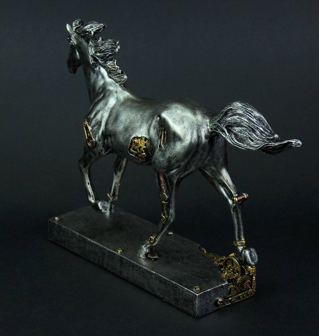 Alt View 2. Zeckos - Steam Stallion Metallic Silver Running Steampunk Horse Statue - Silver.