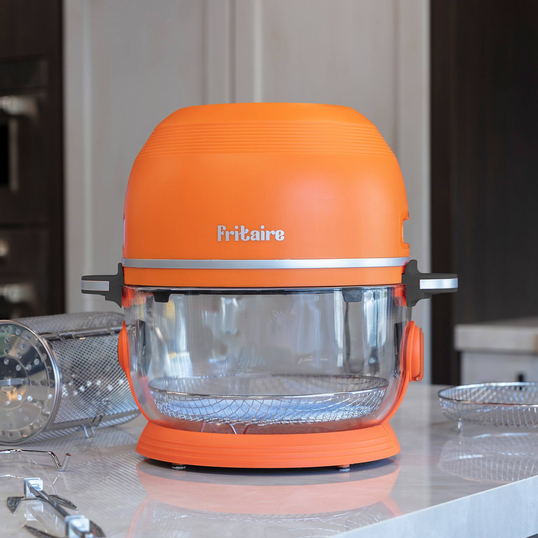Angle. Fritaire - Non-Toxic Air Fryer - Glass Air Fryer, 5qt, Teflon-Free, PFOA- Free, w/ Accessories - Rotisserie and Tumbling Basket - Orange.