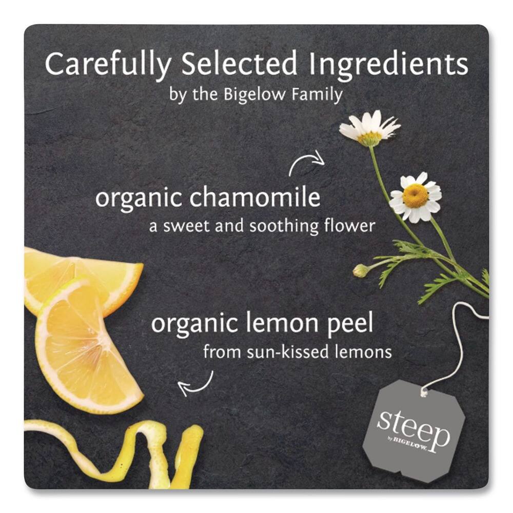 Carefully Selected Ingredients by the Bigelow Family

- organic chamomile  
  a sweet and soothing flower

- organic lemon peel  
  from sun-kissed lemons

steep by BIGELOW