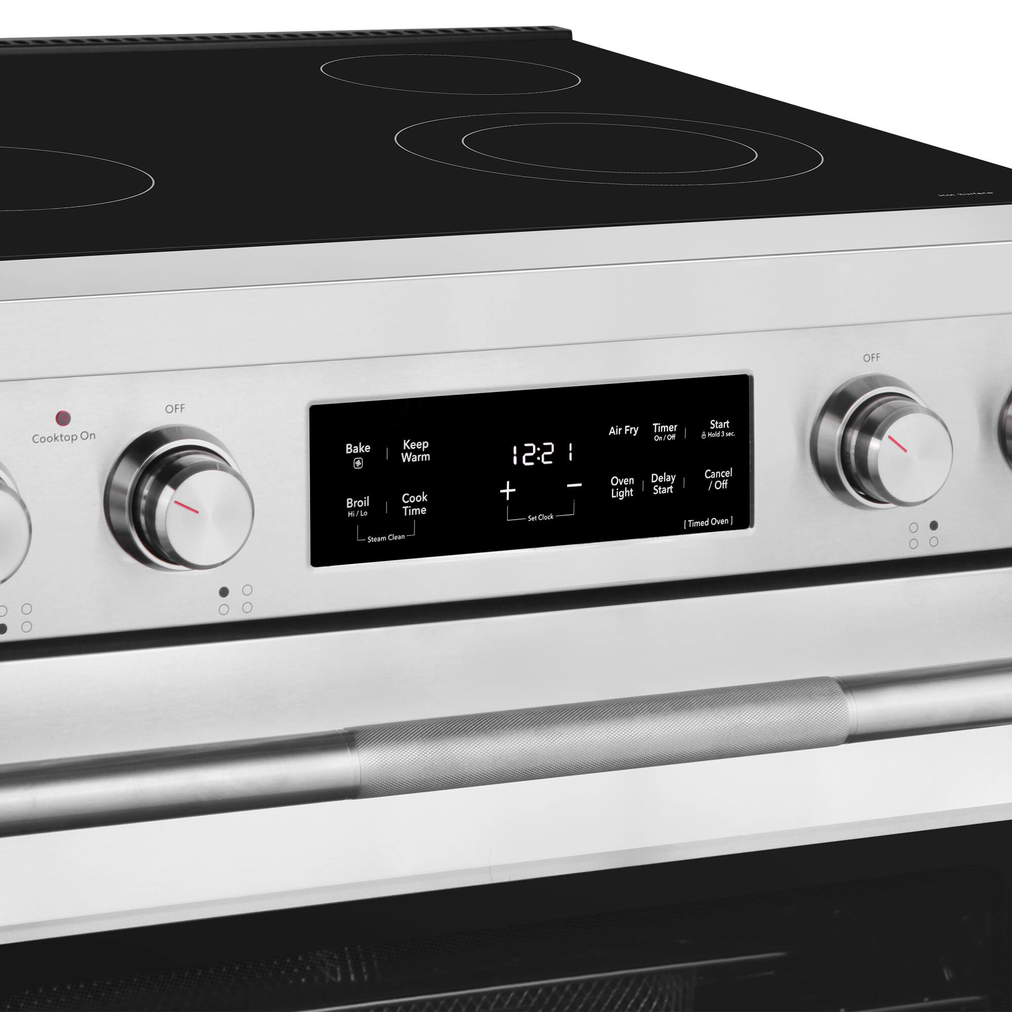 OFF  
Cooktop On  
OFF  

Bake  
Keep Warm  
Broil  
Cook  

Air Fry  
Timer  
Start  
Oven  
Delay  
Cancel  
Light  
Start  
Timed Oven  

12:21  

+  
-  

Oven Off  
Oven On  
Oven Light  
Oven Delay  
Oven Cancel  
Oven Start  
Oven Timer  
Oven Steam Clean