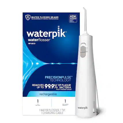 1 WATER FLOSSER BRAND RECOMMENDED BY DENTAL PROFESSIONALS ADA Accepted American Dental Association waterpik water flosser WF-30CD PRECISIONPULSE TECHNOLOGY REMOVES UP TO 99.9% OF PLAQUE BACTERIA from treated areas rechargeable 1 YEAR LIMITED WARRANTY 1 WATER FLOSSER, 1 TIP, 1 CHARGING CABLE