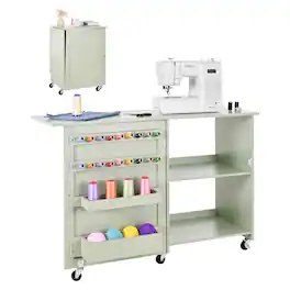 VEVOR - Folding Sewing Table, Multipurpose Sewing Machine Table with Compact Design, Wheels, Wooden Pegs,Storage Trays and Shelf - Light Green