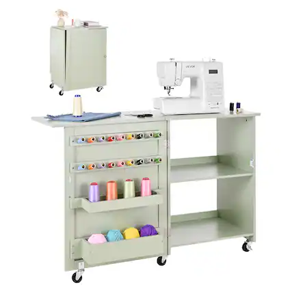 Front. VEVOR - Folding Sewing Table, Multipurpose Sewing Machine Table with Compact Design, Wheels, Wooden Pegs,Storage Trays and Shelf - Light Green.