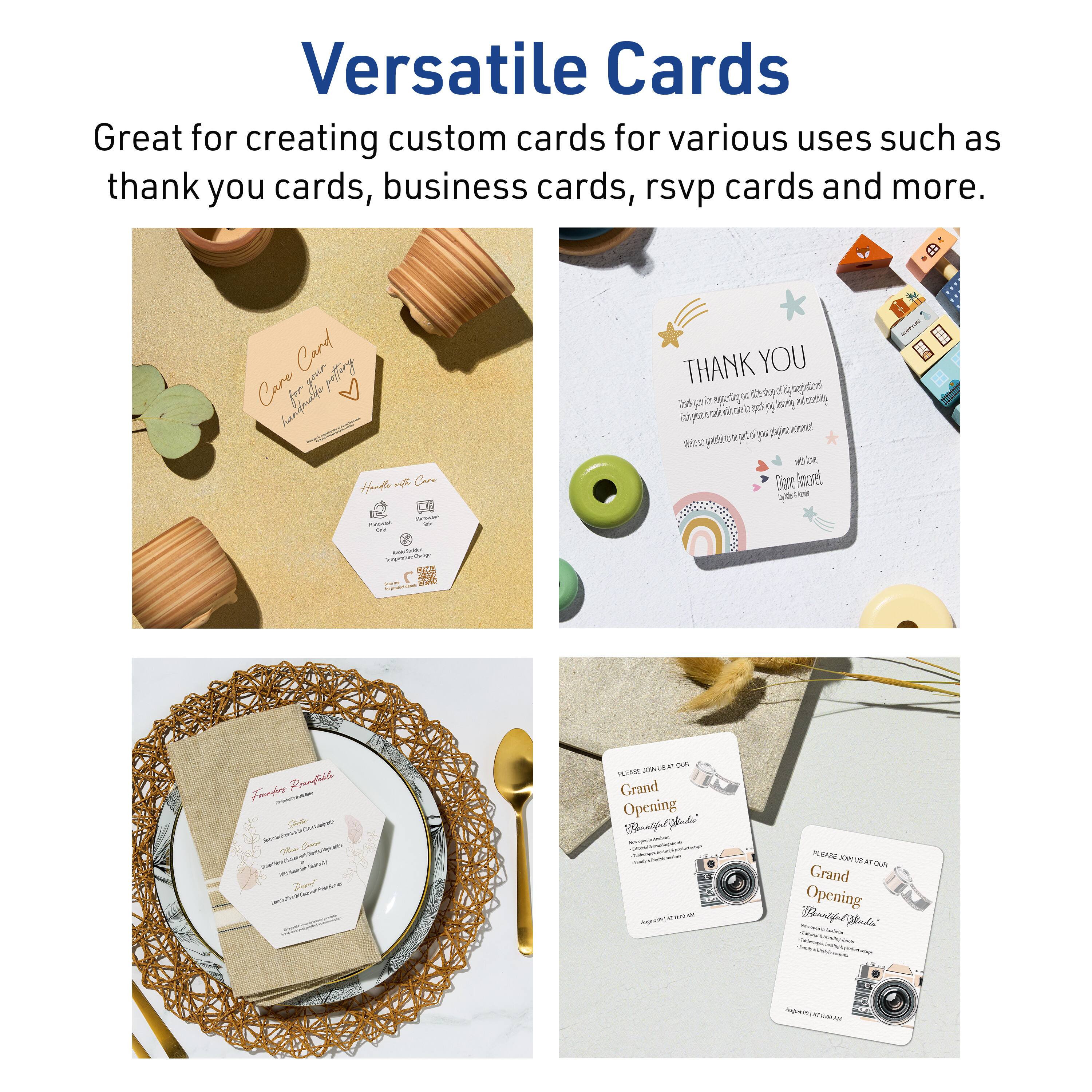Versatile Cards  
Great for creating custom cards for various uses such as thank you cards, business cards, rsvp cards and more.  

Card pory Care slil d a - Care  
THANK YOU  
3 E qd  
sugauel Tal gela ia apporing  
bg  
atvg I rt i ot z p in F sepe thance gt  
pat o yu - - e DE Diare Anond  
- - Froher Roaglih - - A De PLRAN Grand Opening oig_to_ts  
PEANE - L A Jm Grand Opening Botig_to_trsie