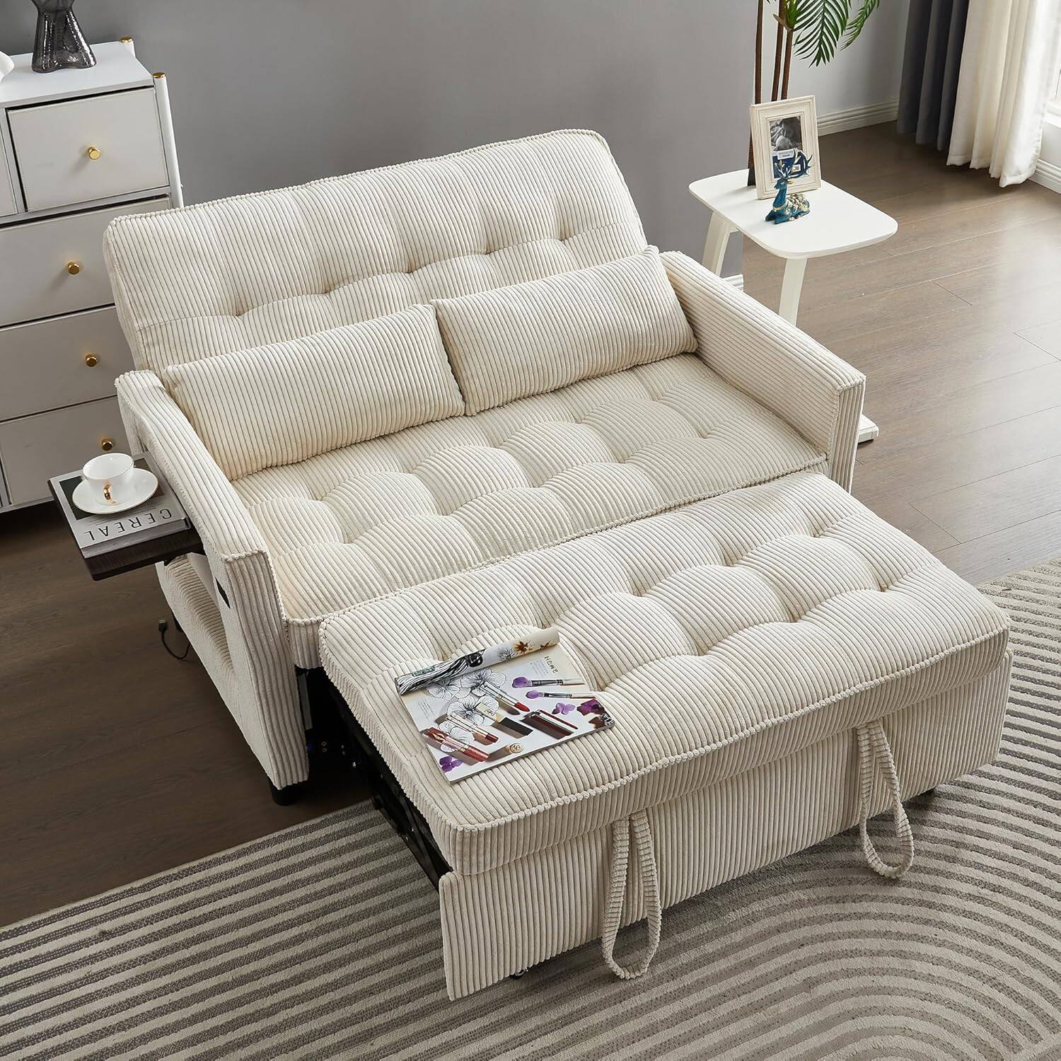 Tiramisubest - Sleeper Sofa Bed, 52" Convertible Pull Out Couch with Small Table| USB Port| Side Pockets| Adjustable Backrest - Beige