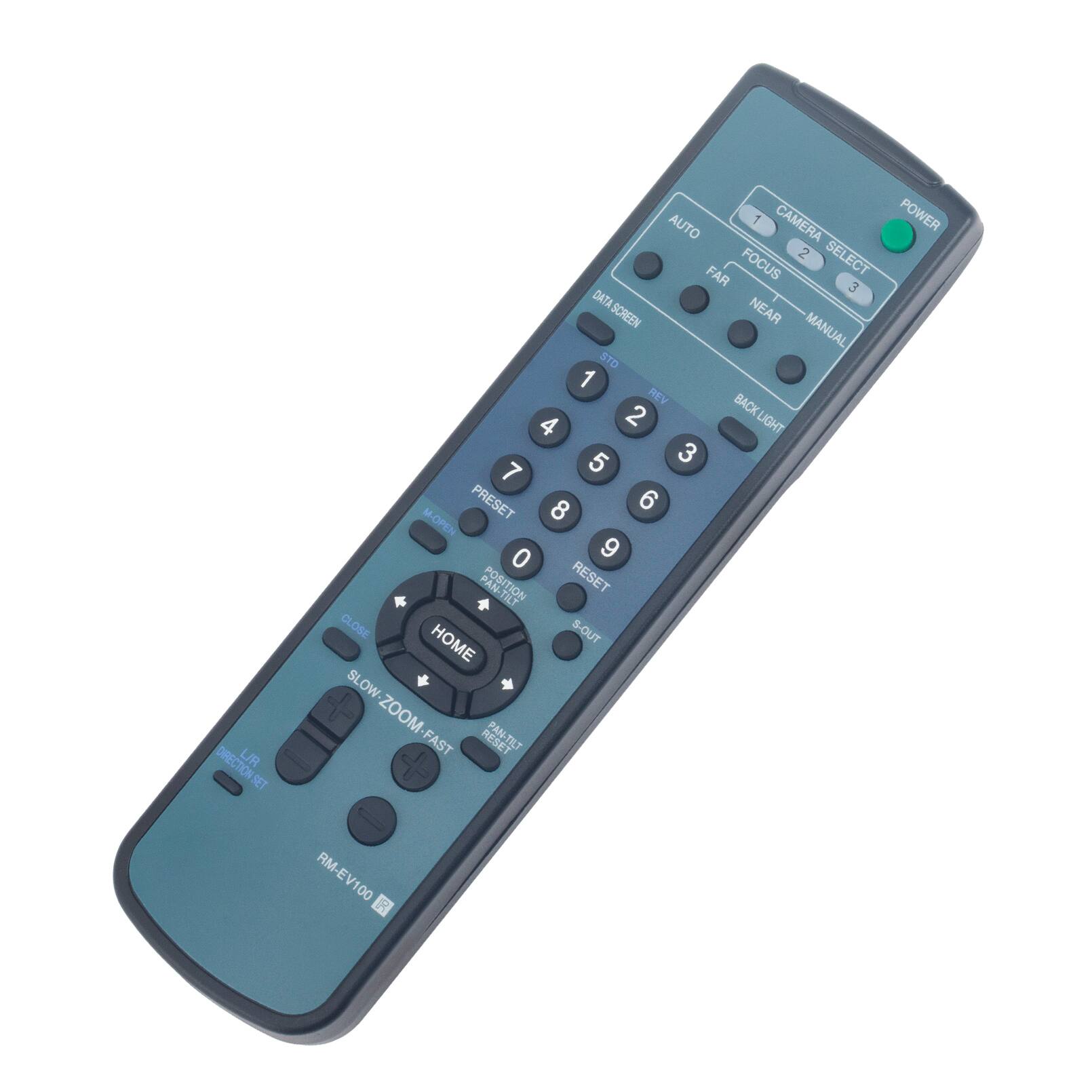 DIRECTION  
LIR SET  
AUTO 1  
CAMERA POWER 2  
SELECT FAR FOCUS 3  
DATA SCREEN NEAR MANUAL STO 1  
REV BACK 4  
2 LIGHT 5  
3 7 PRESET 8  
6 M-OPEN 0  
9 POSITION RESET CLOSE S-OUT HOME SLOW ZOOM PAN-TILT FAST  
RM-EV100