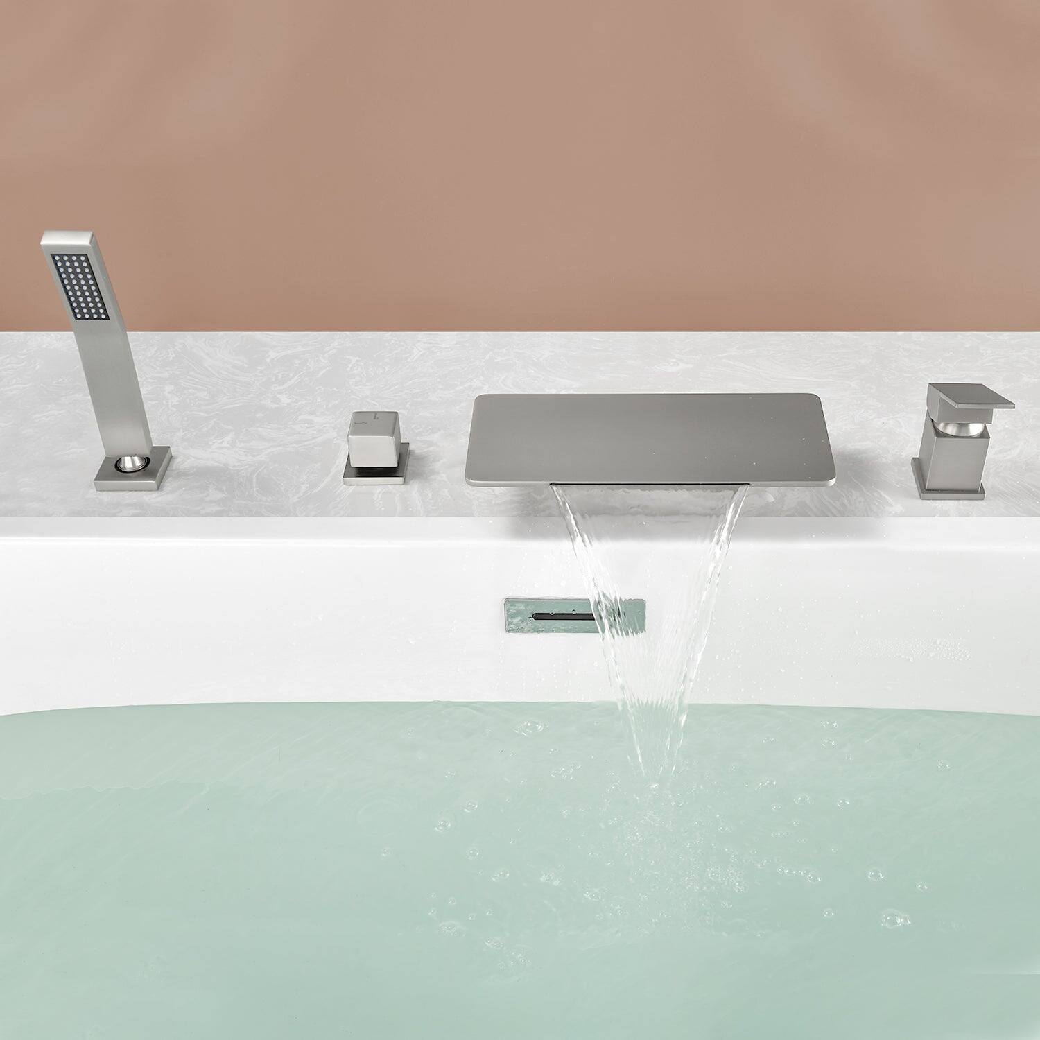 Front. Boyel Living - 11.2 in.W Brushed Nickel Rectangle Bathtub Faucet Hot Cold Control Waterfall Spout Handheld Shower High Capacity - Brushed Nickel.