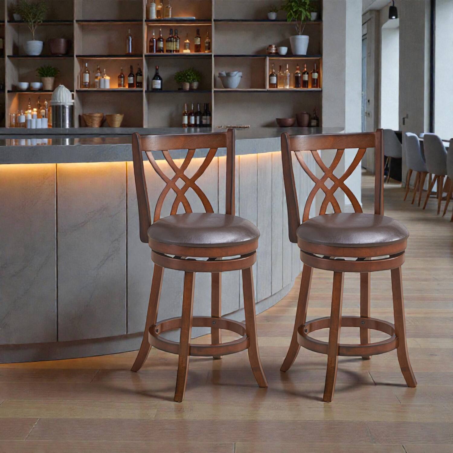 Front. Hivvago - Set of 2 Counter Height Swivel Chairs with PU Leather Cushions and Footrests - 26 inches - Brown.