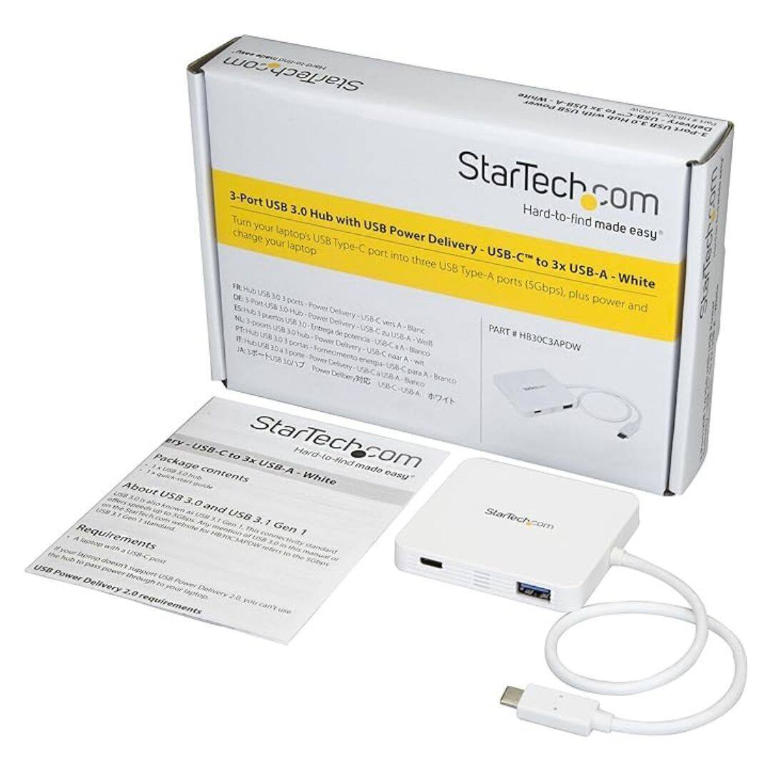 Sure, here is the corrected and grouped text from the image:

---

**StarTech.com**  
Hard-to-find made easy

**3-Port USB 3.0 Hub with USB Power Delivery – USB-C to 3x USB-A - White**

Turn your laptop's USB Type-C port into three USB Type-A ports (5Gbps), plus power and charge your laptop

**PART # HB30C3APDW**

---

**Package contents**  
- 1 x USB-C to 3x USB-A Hub  
- 1 x USB-C Cable

---

**About USB 3.0 and USB 3.1 Gen 1**  
USB 3.0 and USB 3.1 Gen 1 are backward compatible with USB 2.0 and USB 1.1. USB 3.0 and USB 3.1 Gen 1 devices can be used with USB 2.0 and USB 1.1 ports, but will operate at USB 2.0 speeds. USB 3.0 and USB 3.1 Gen 1 ports can also accept USB 2.0 and USB 1.1 devices, but will operate at USB 2.0 speeds.

**Requirements**  
-