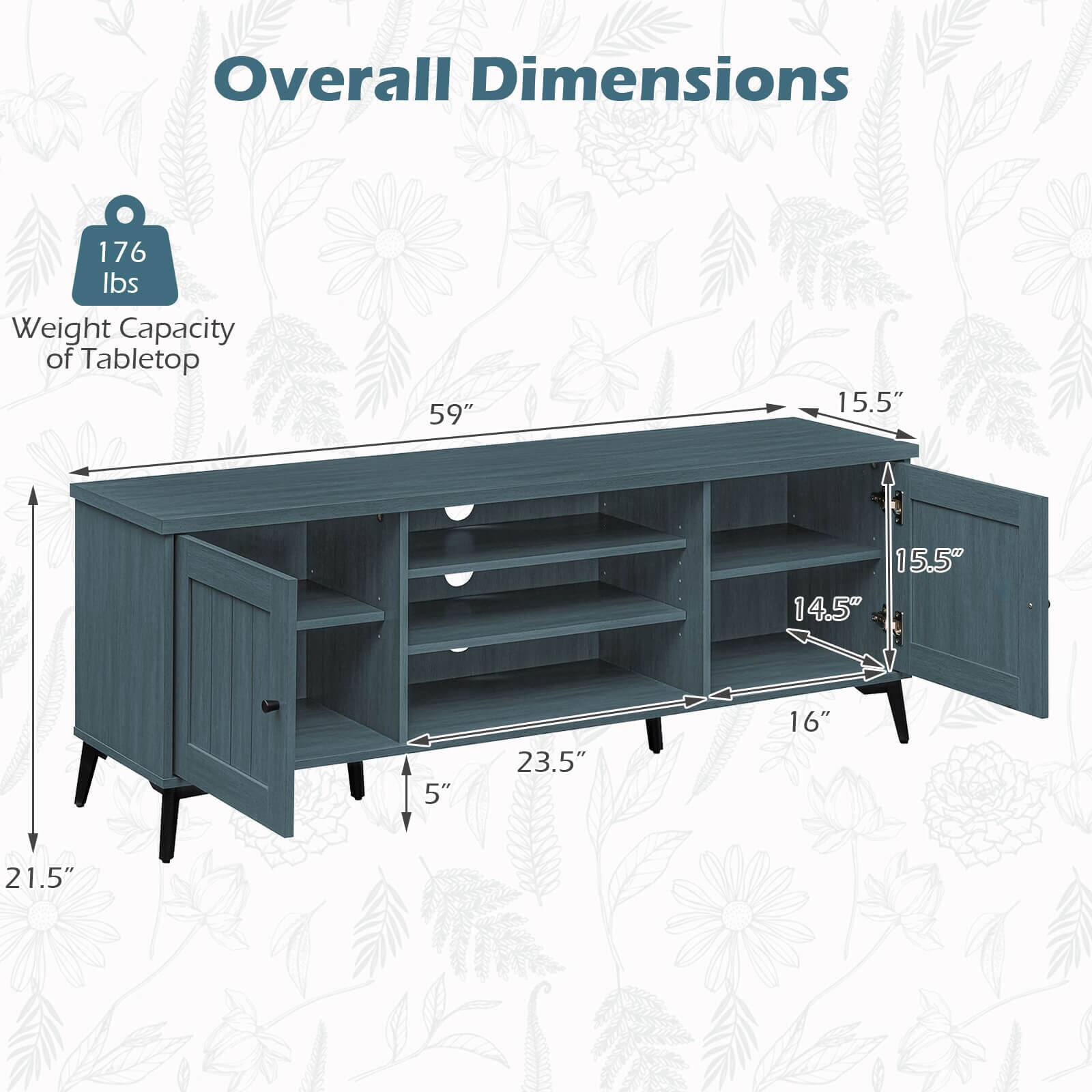 Overall Dimensions: 59" x 15.5" x 15.5" x 14.5" x 5" x 23.5" x 16" x 21.5"  
Weight Capacity of Tabletop: 176 lbs