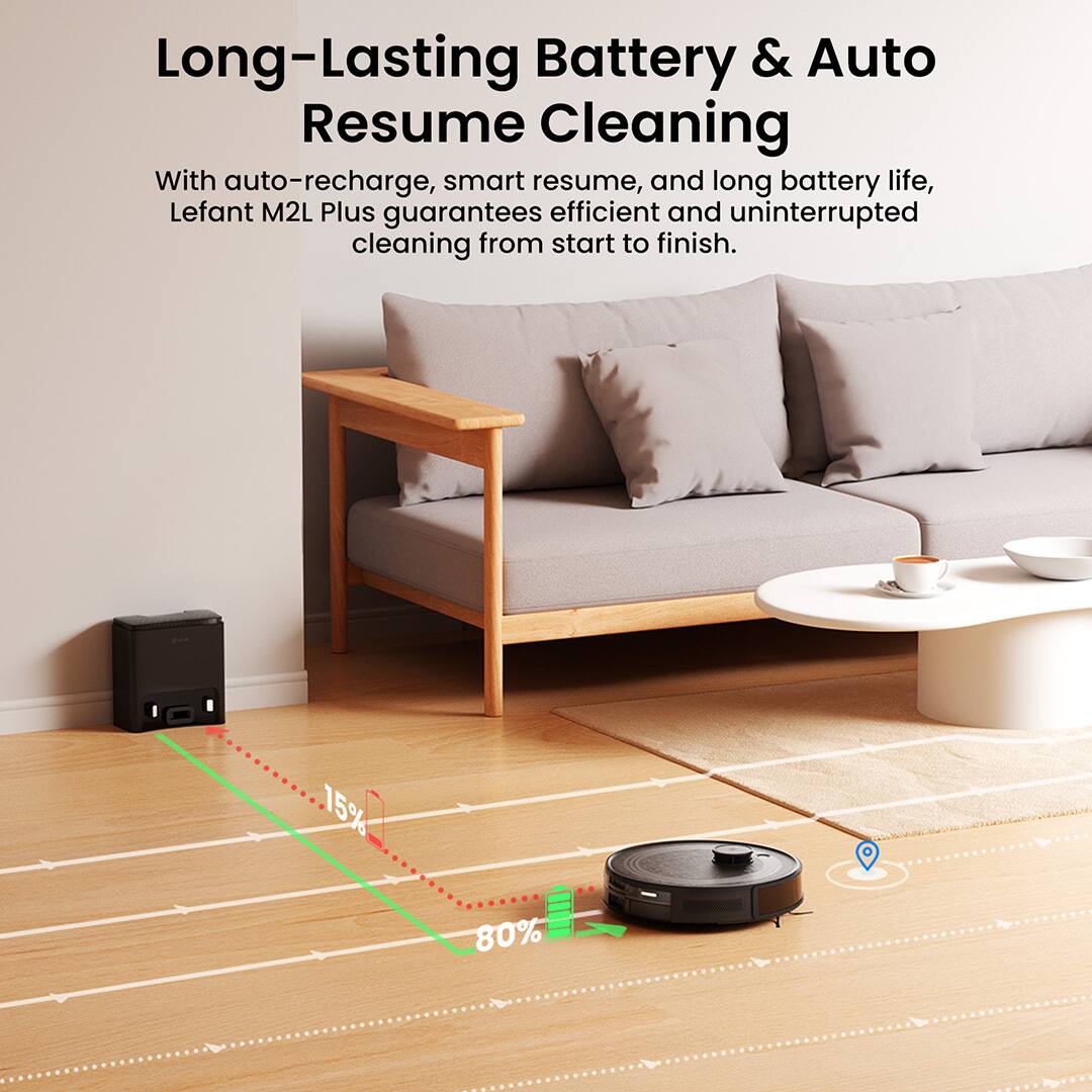 Long-Lasting Battery & Auto Resume Cleaning

With auto-recharge, smart resume, and long battery life, Lefant M2L Plus guarantees efficient and uninterrupted cleaning from start to finish.