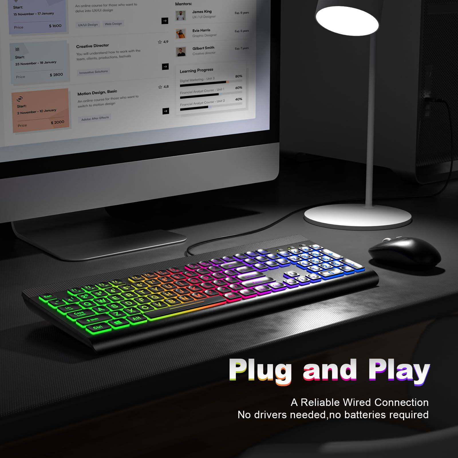 Sure, here is the corrected and grouped text from the image:

---

**Start: 10 November - 17 January**  
**Price: $1600**  
**UX/UI Design**  
**Web Design**  
**Mentors:**  
- James King  
  UX/UI Designer  
- Evie Harris  
  Creative Director  
**Rating:** 4.9

**Start: 23 November - 18 January**  
**Price: $2800**  
**Creative Director**  
**Learn how to work with the team, clients, production, and legal**  
**Mentors:**  
- Gilbert Smith  
  Creative Director  
**Rating:** 4.8

**Start: 2 November - 10 January**  
**Price: $3000**  
**Motion Design, Basic**  
**An online course for those who want to learn motion design**  
**Mentors:**  
- Evie Harris  
  Creative Director  
**Rating:** 4.8

**Learning Progress**  
- Digital Marketing Course - Unit 1: 80%  
- Financial Analysis Course - Unit 1: 60%  
- Financial Analysis Course - Unit 