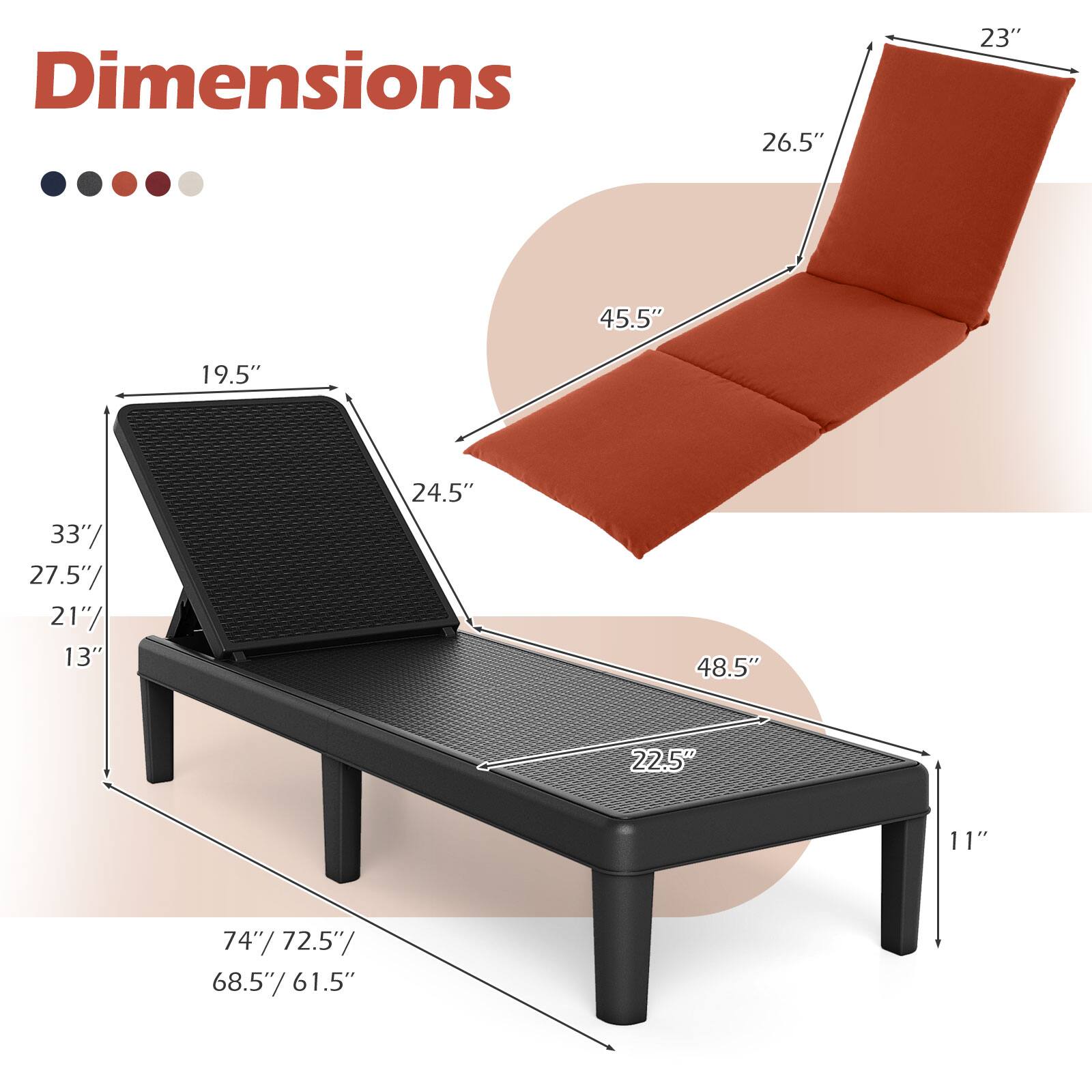 Dimensions

- 26.5" x 23" x 45.5" x 19.5" x 33" x 27.5" x 21" x 13" x 24.5" x 48.5" x 22.5" x 11" x 74" x 72.5" x 68.5" x 61.5"