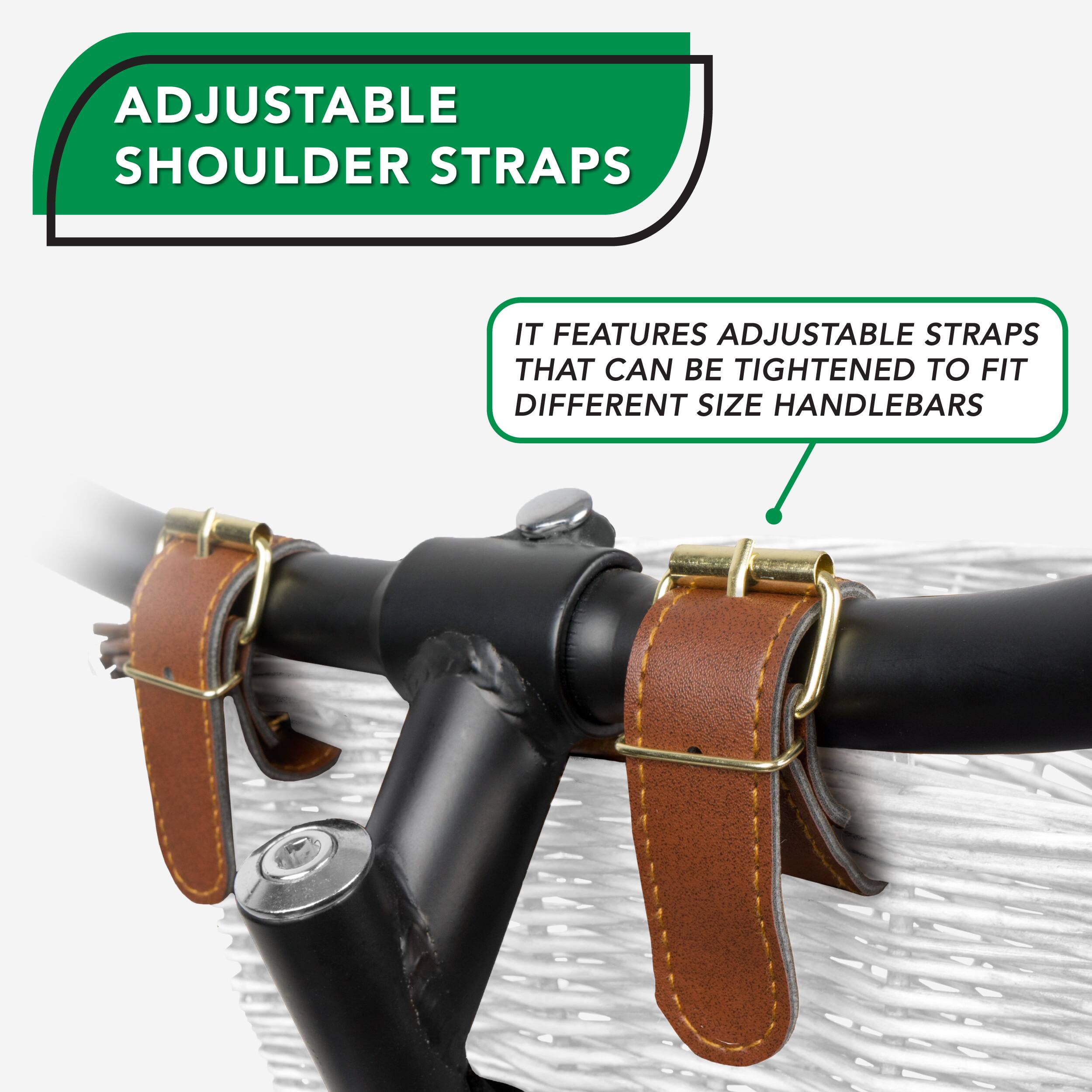 ADJUSTABLE SHOULDER STRAPS IT FEATURES ADJUSTABLE STRAPS THAT CAN BE TIGHTENED TO FIT DIFFERENT SIZE HANDLEBARS