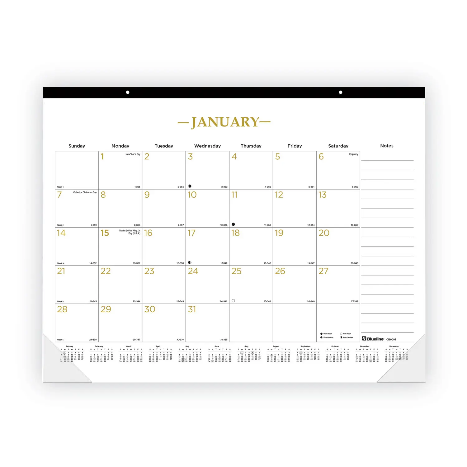 Blueline - Gold Collection Monthly Desk Pad Calendar 22 x 17 White Gold Sheets Black Headband 12 Month Jan to Dec 2026