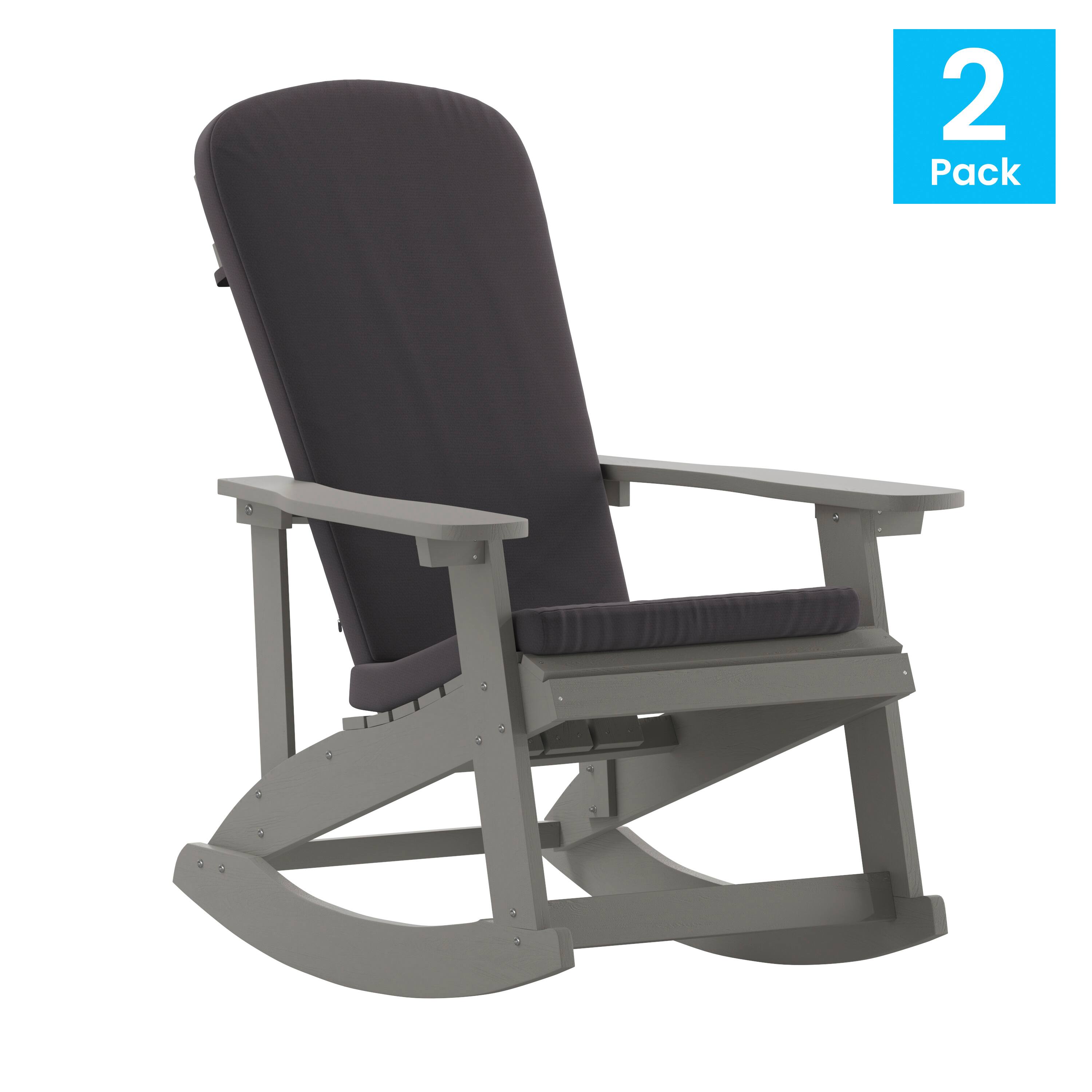 Alt View 1. Emma + Oliver - Marcy Set of 2 All-Weather Poly Resin Adirondack Rocking Chairs with Cushions - Gray Cushions/Gray Frame.