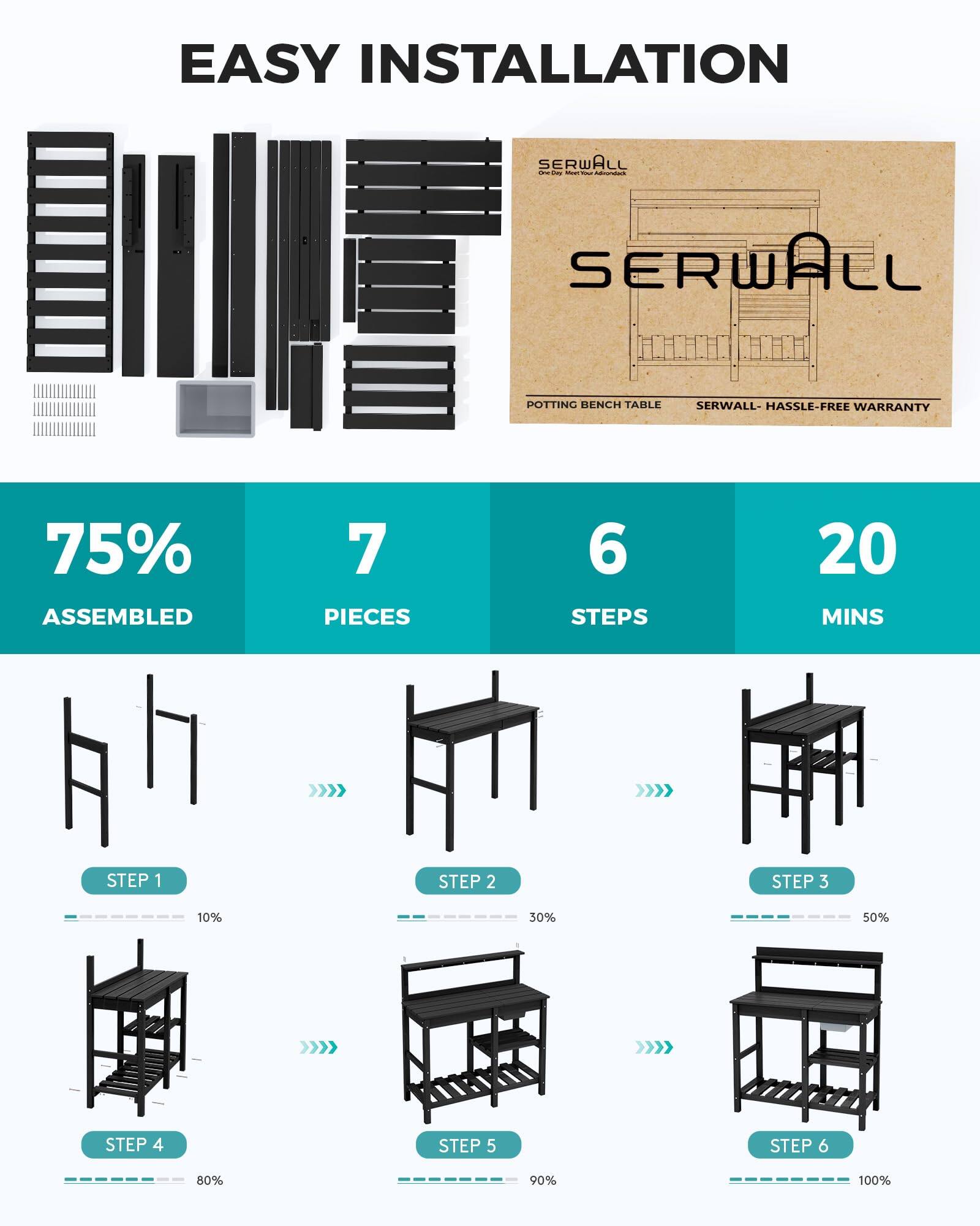 EASY INSTALLATION  
SERWALL  
POTTING BENCH TABLE  
SERWALL - HASSLE-FREE WARRANTY  

75% ASSEMBLED  
7 PIECES  
6 STEPS  
20 MINS  

STEP 1 - 10%  
STEP 2 - 30%  
STEP 3 - 50%  
STEP 4 - 80%  
STEP 5 - 90%  
STEP 6 - 100%