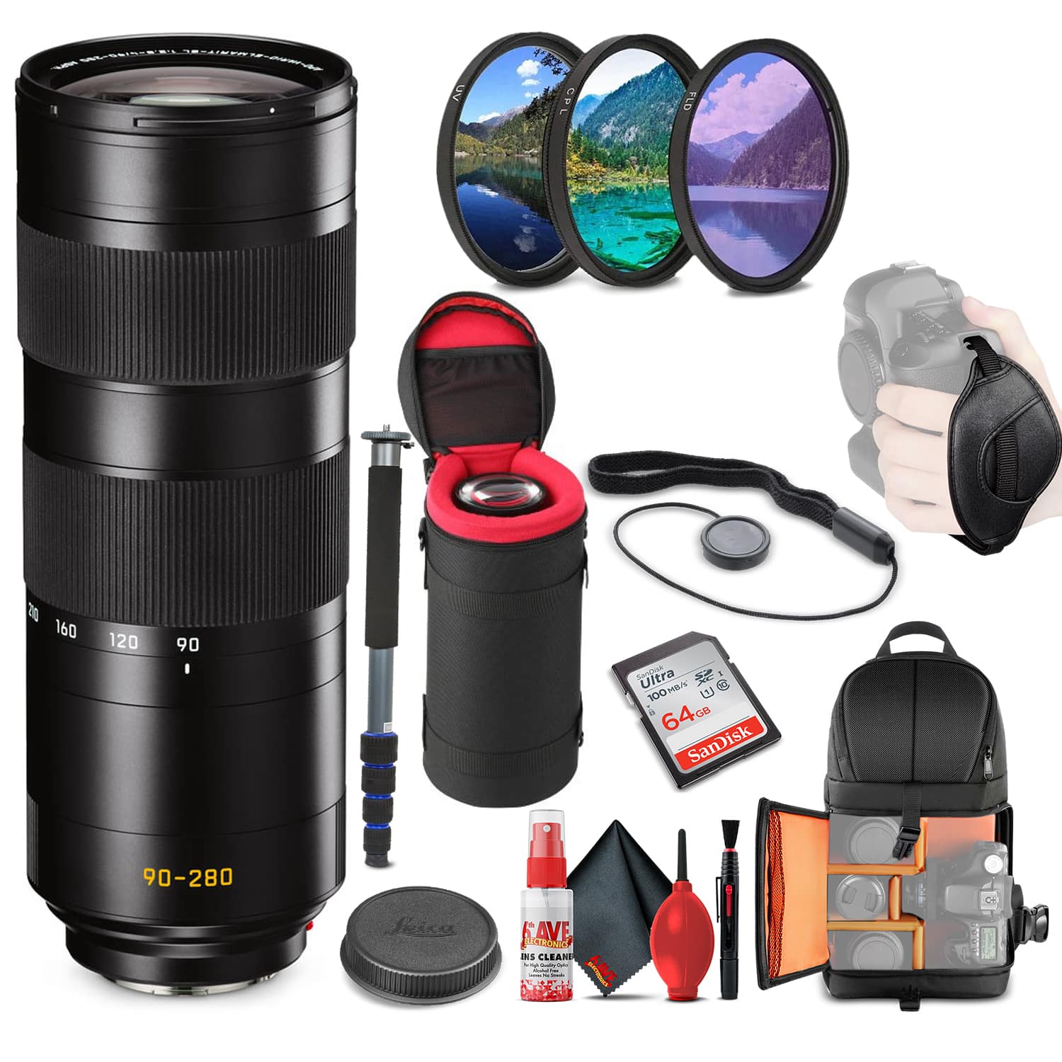 Leica - APO-Vario-Elmarit-SL 90-280mm f/2.8-4 Lens (11175) + 64GB Memory Card + Padded Case + Filters + BackPack + Full Si - Black