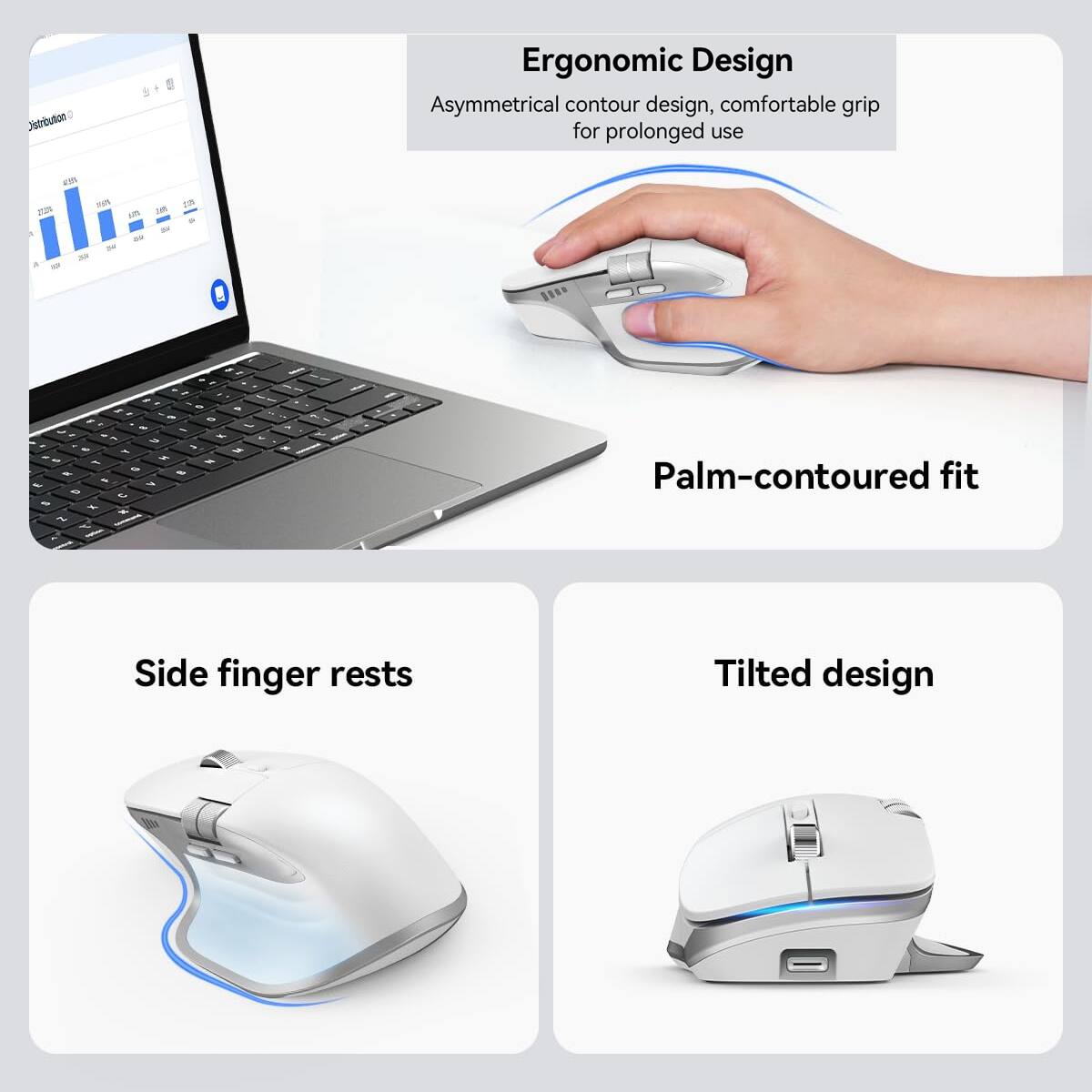 Ergonomic Design  
Asymmetrical contour design, comfortable grip for prolonged use  

Palm-contoured fit  

Side finger rests  

Tilted design