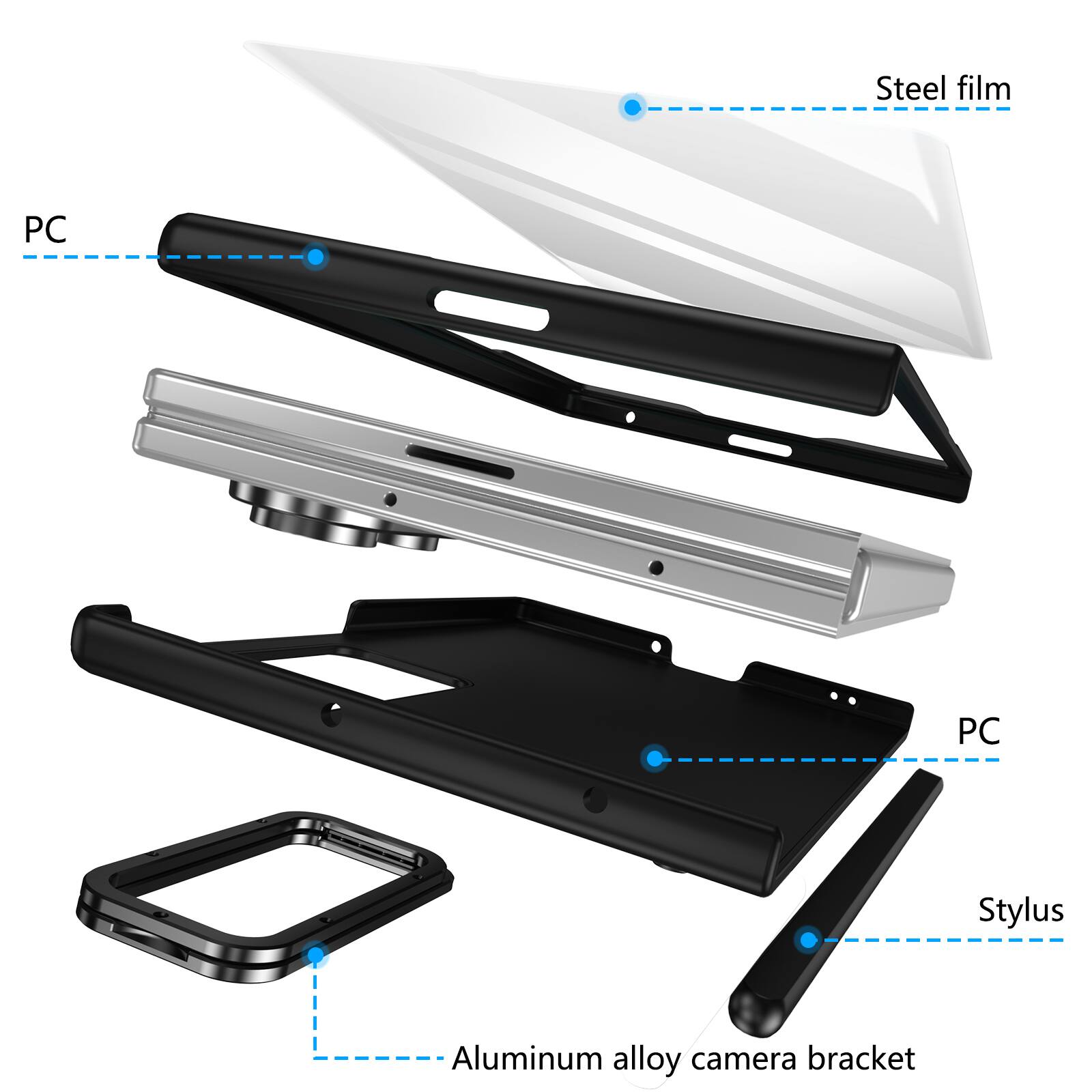 Steel film, PC, Aluminum alloy camera bracket, Stylus