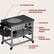 The image features a table with a grill on it, and it is labeled with various descriptions. The table has a lid storage hook, porcelain-enameled cast iron grates, and an LED display. It also has wired temperature probes and is equipped with adjustable air vent and a center storage shelf.