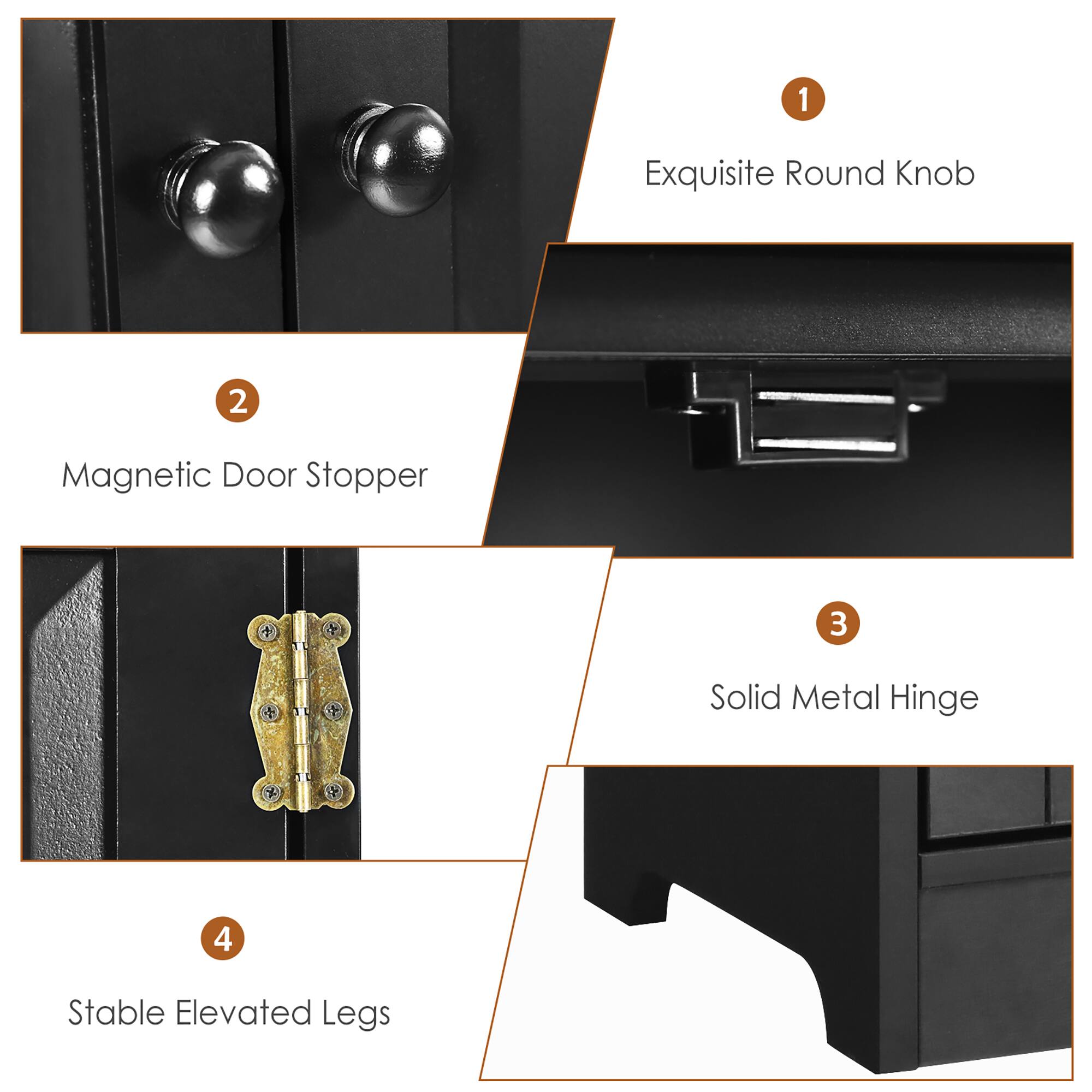 1. Exquisite Round Knob  
2. Magnetic Door Stopper  
3. Solid Metal Hinge  
4. Stable Elevated Legs